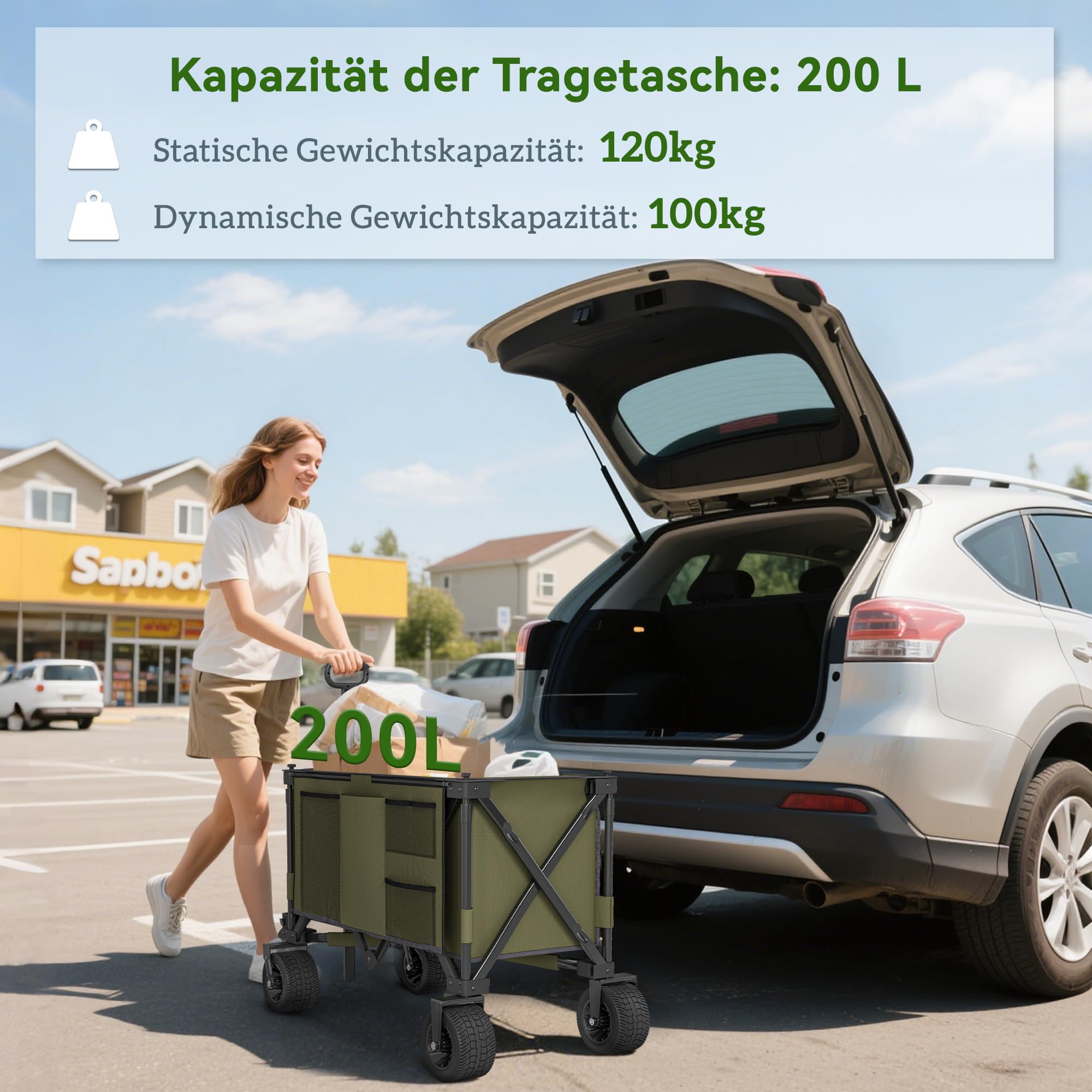 Outsunny Bollerwagen Faltbarer Handwagen mit Verstellbarem Griff Grün | Schwerlast Strandwagen, Taschen, Gartenwagen mit Breiten Drehrädern, Transportwagen bis 120 kg Belastbar