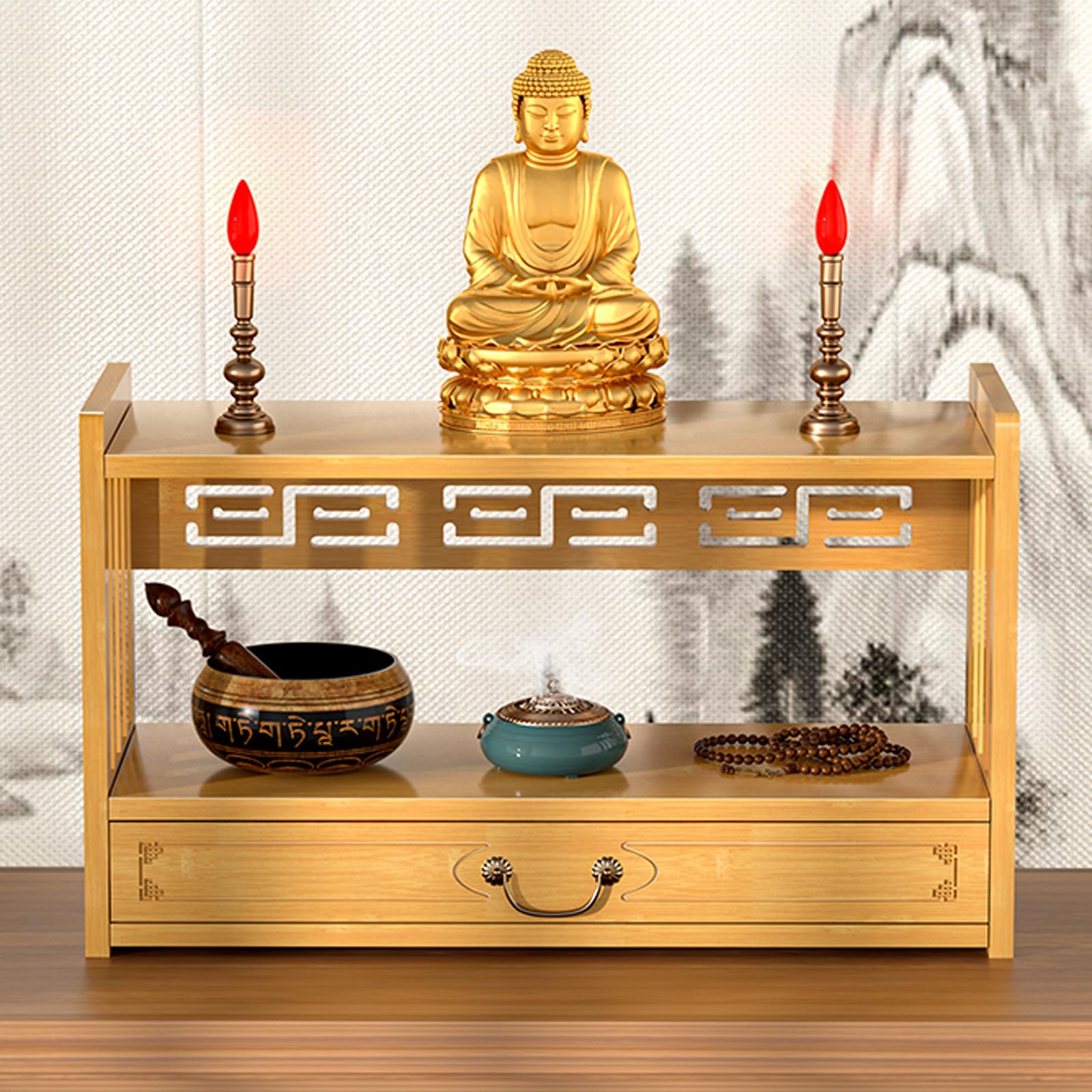 Stoolzfaid Original Color Buddhist Altar Table,Shrines Offering Table,Handmade Tiered Puja Tables,Altar Tables With Storage,Chinese Style Buddhist Cabinets,Bamboo,With Drawer,For Prayers Worships