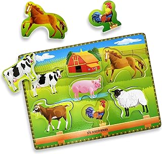 Big Discoveries Wooden Puzzle - Animal Wood Puzzles for Toddlers 1-3 Years Old | Montessori Learning Puzzles for Kids - Great for Preschool Aged Boys and Girls (Farm Animals)
