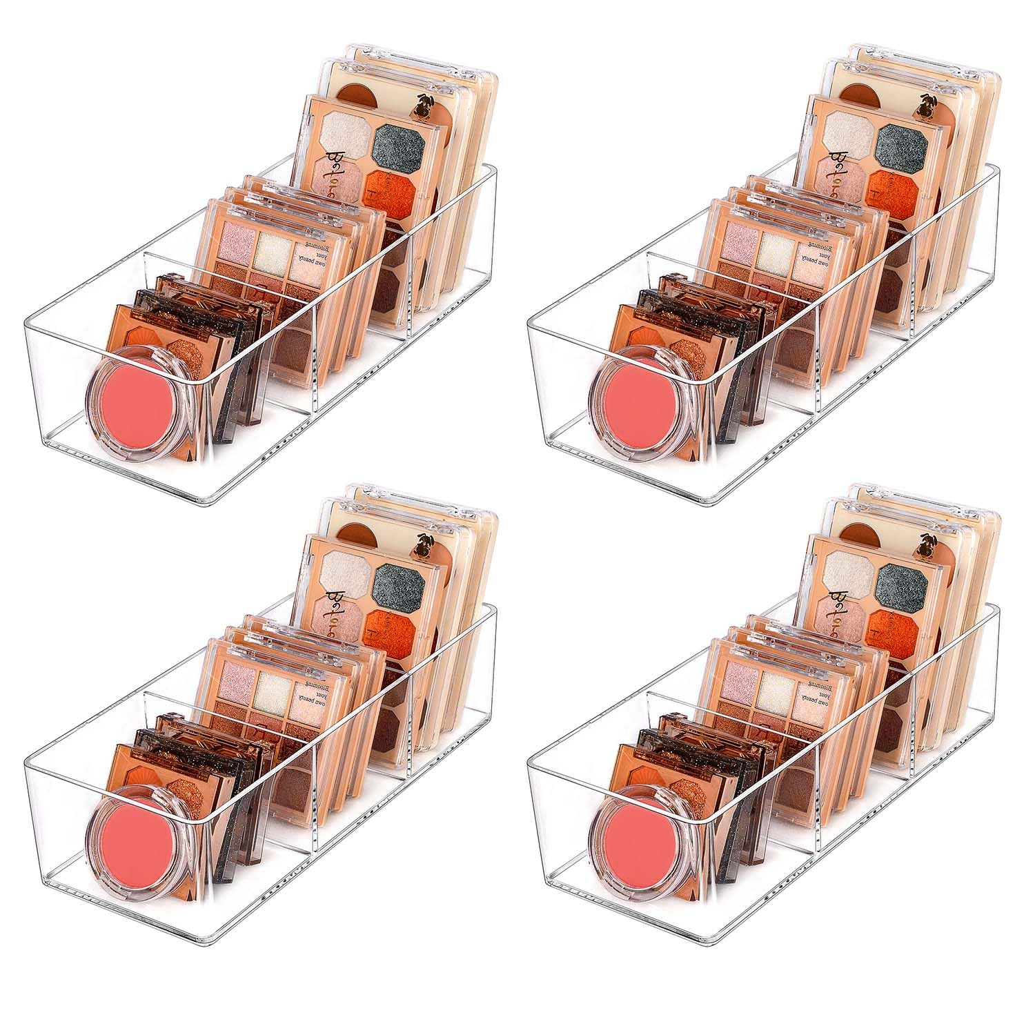 JessLab Acrylic Organizer, 4-Pack Clear Makeup Storage for Vanity, Countertop, Bathroom, Stackable Design for Cosmetics, Jewelry, and Office Supplies, 3 Compartment