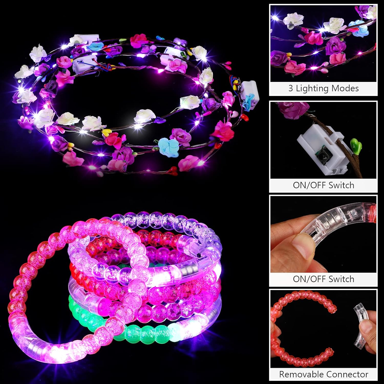 ADXCO 60 Pieces Glow in the Dark Party Supplies Neon Party Favor LED Light Up Party Favors with Flashing Glasses Flower Headband Crown Bracelets Rabbit Cat Ear Headband for Neon Party - Image 4