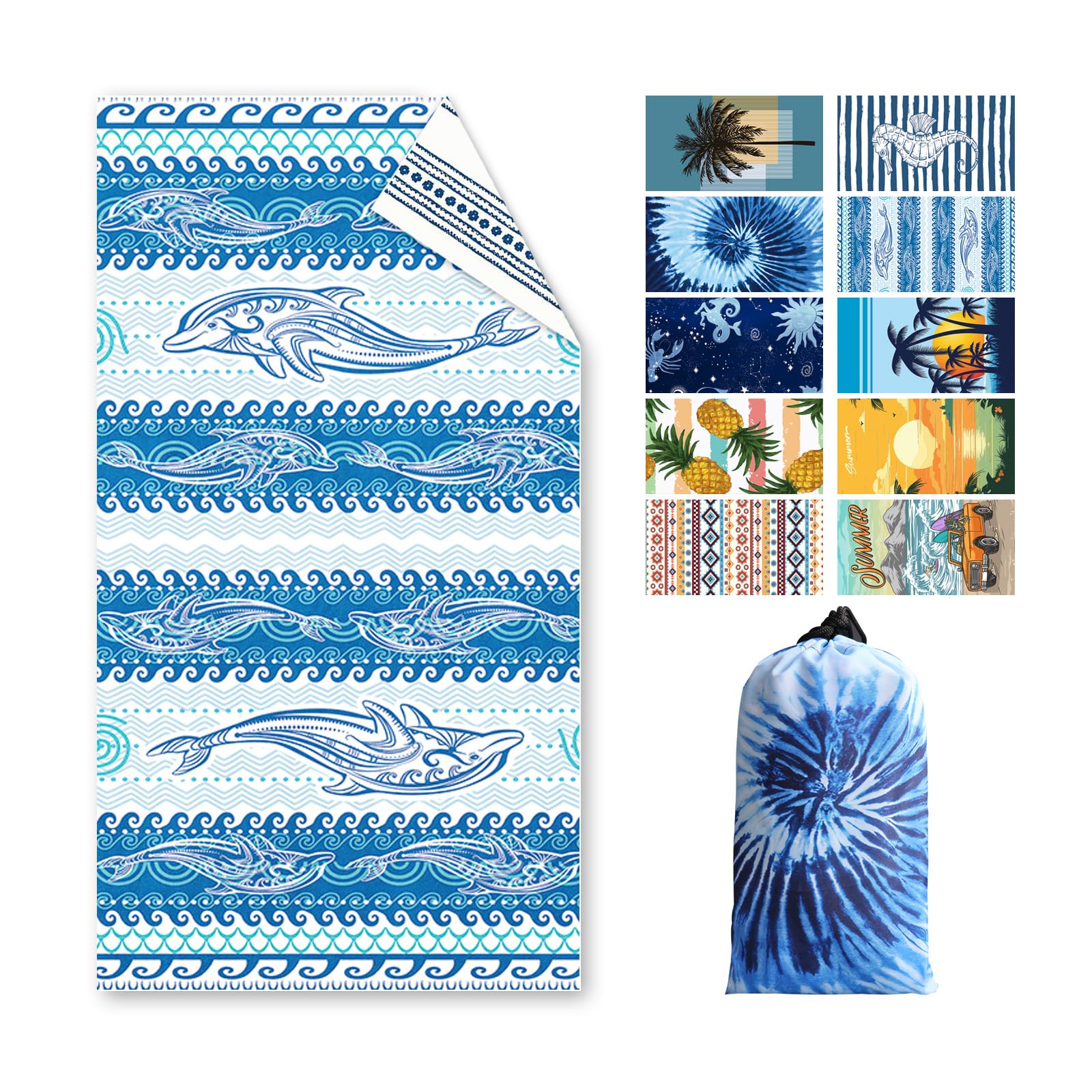 Asbtos Strandtuch Groß, 180 x 100 cm Doppelseitig Strandhandtuch, Schnell Trocknendes, Weiches, Leichtes, Pflegeleicht, Sandfreies Microfaser Handtücher für Reise Urlaub Schwimmen Camping, mit Tasche