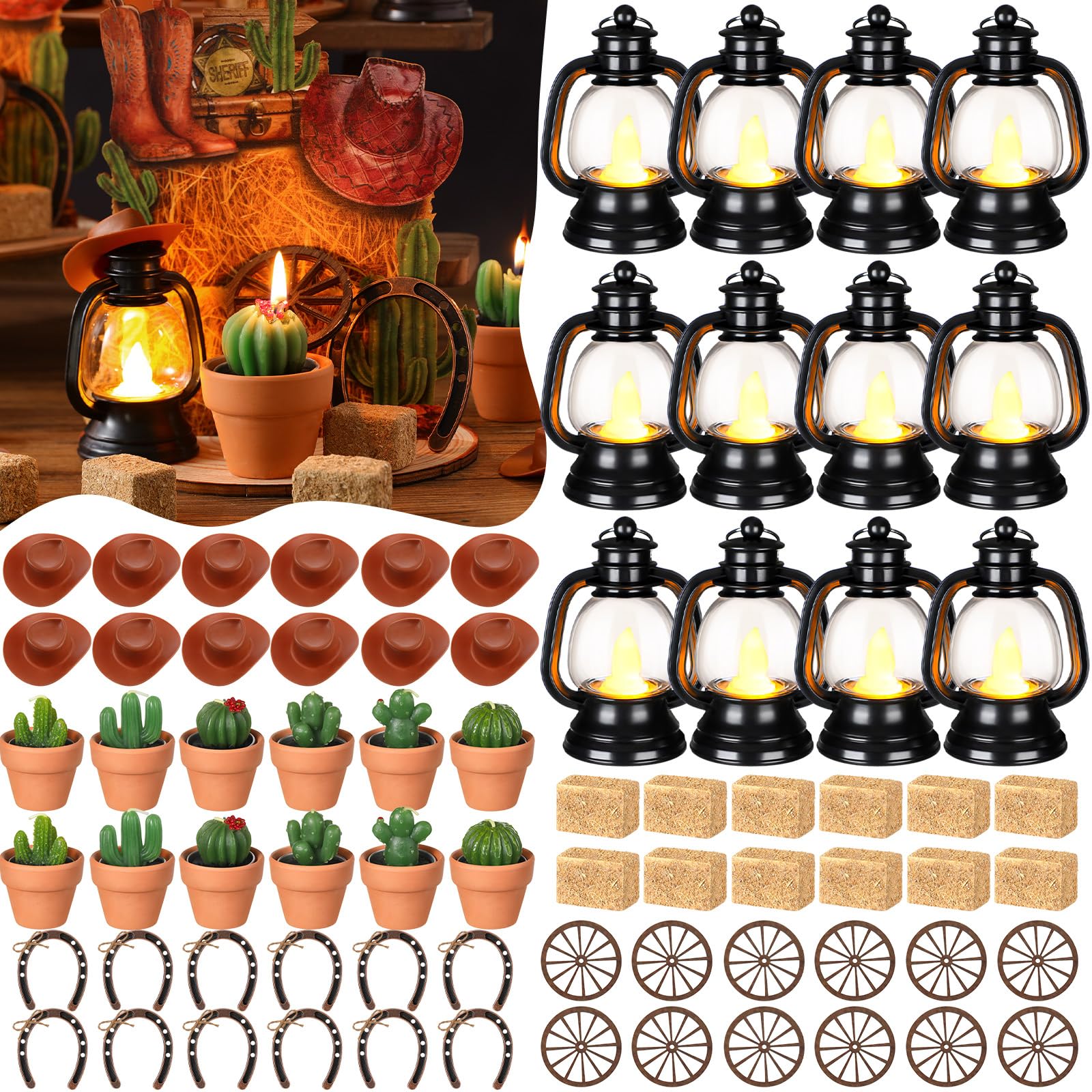 Ferraycle 128 pezzi decorazione per feste a tema occidentale centrotavola mini cappelli da cowboy lanterna con candela LED, lumini cactus, ferro di cavallo, ruota di carro, balle di fieno, corda per
