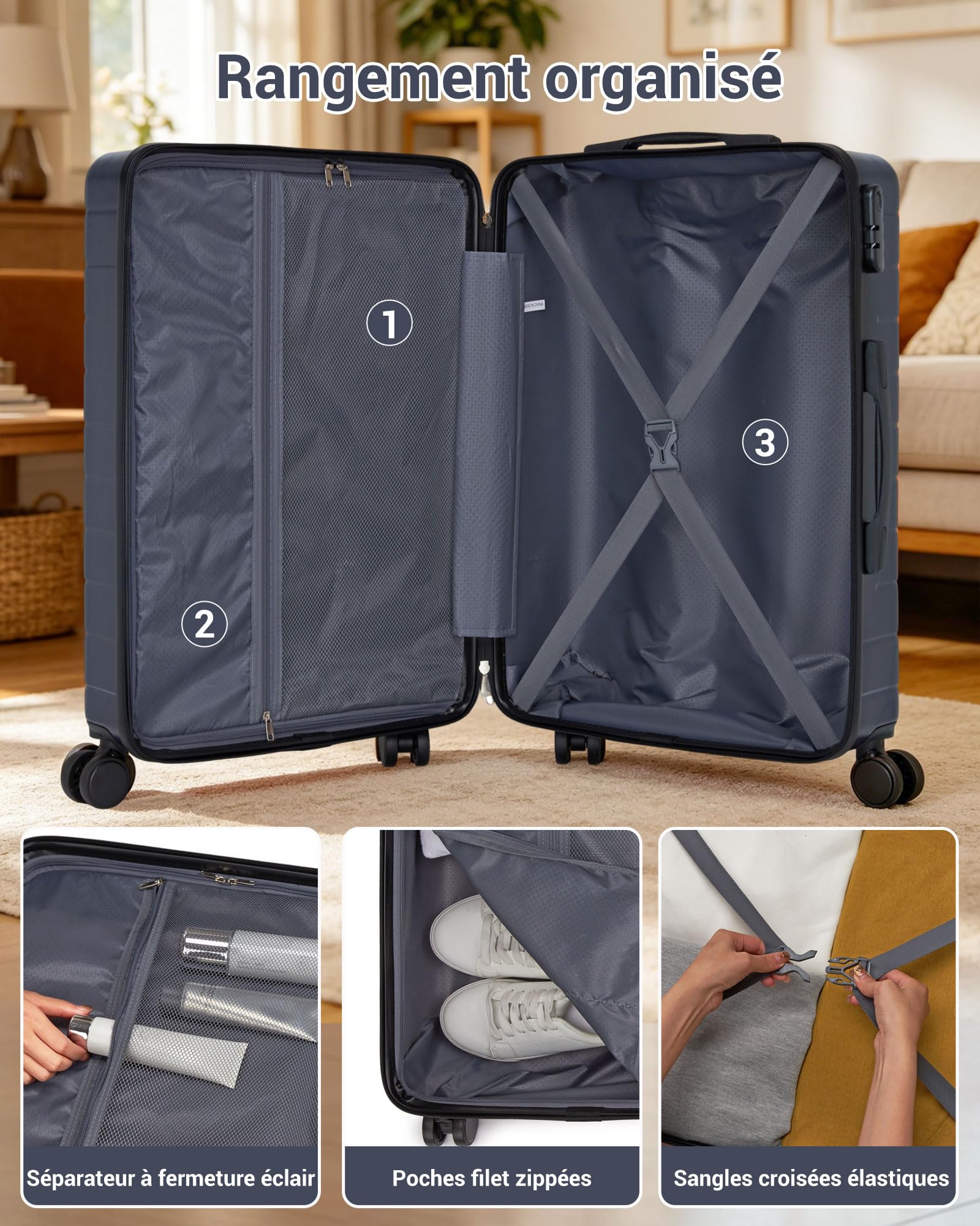 Set de 3 Valises à Carcasse Rigide avec 4 Roues Pivotantes, Set de Valises Léger Composé de Grande et Moyenne Valise pour Voyages en Famille, Sets de Valises Résistantes