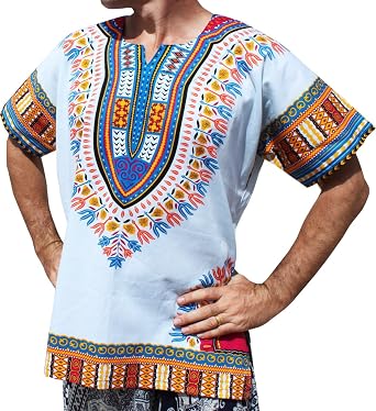 RaanPahMuang Brand Unisex Bright White Cotton Africa Dashiki Shirt Plain Front