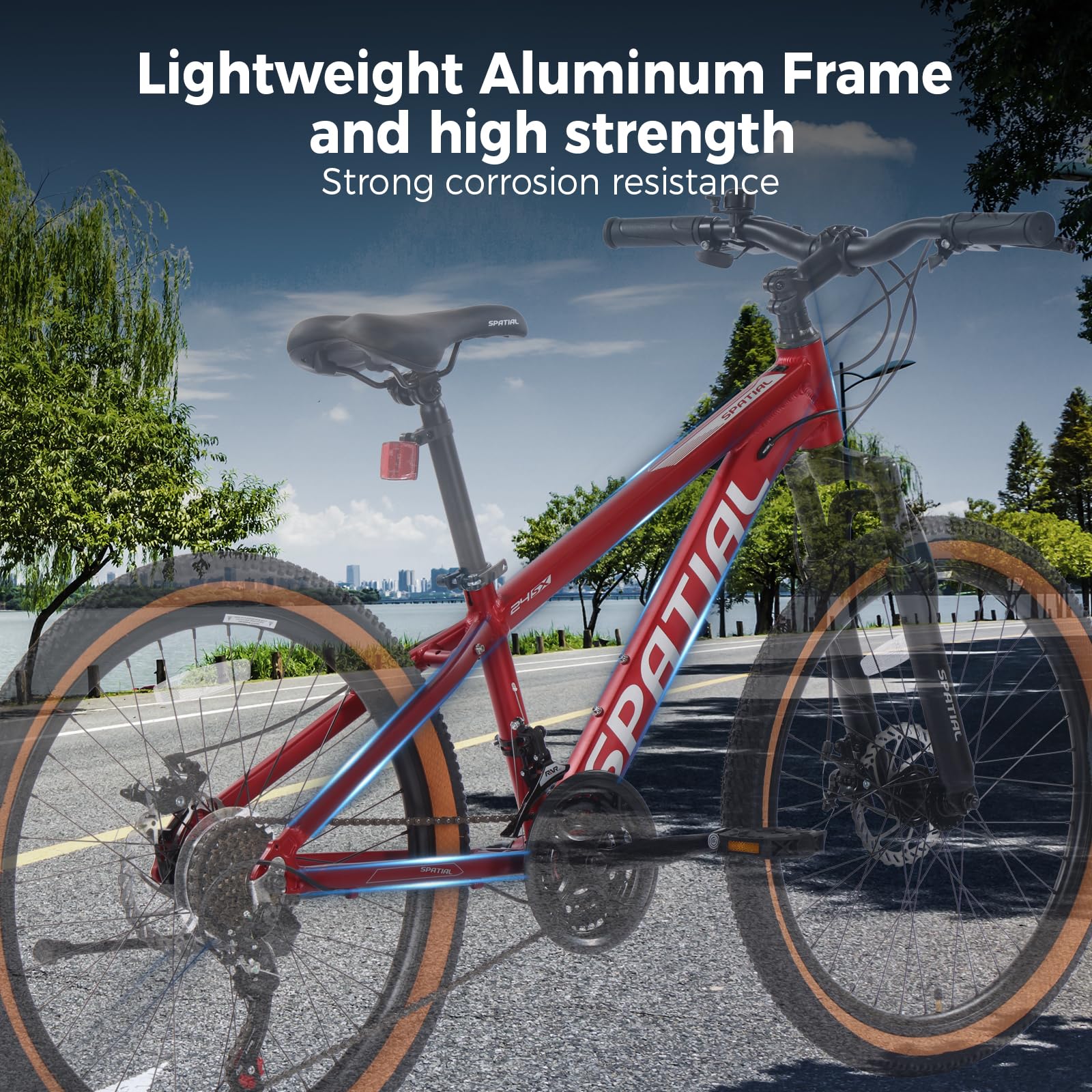 SPATIAL Mountainbike, 24/26/27,5/29 Zoll, Outdoor-Fahrrad, 21/8 Gänge, Aluminiumrahmen | Doppelscheibenbremsen, Verstellbarer ergonomischer Sattel für Männer, Frauen (Rot, 26 Zoll)