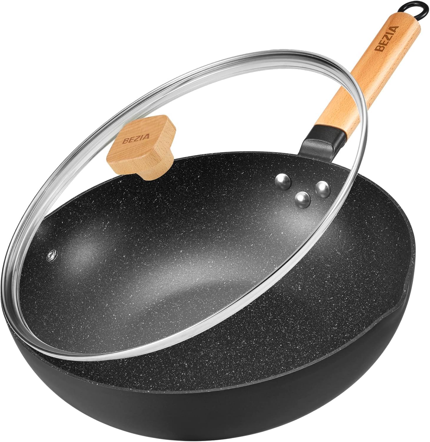 BEZIA Wok de inducción con tapa, sartén antiadherente de 30 cm