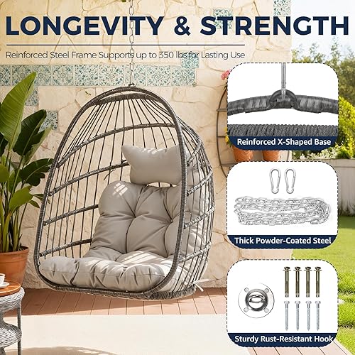 Miniatura 8 de Nicesoul Silla colgante para huevos al aire libre sin soporte, cesta de huevos para interiores con cojín, silla hamaca en forma de huevo de 350