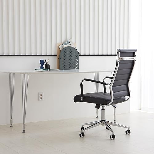 Miniatura 2 de Livinia Silla de escritorio ejecutiva moderna, sillas giratorias de sala de conferencias de cromo y cuero con respaldo alto acanalado, altura