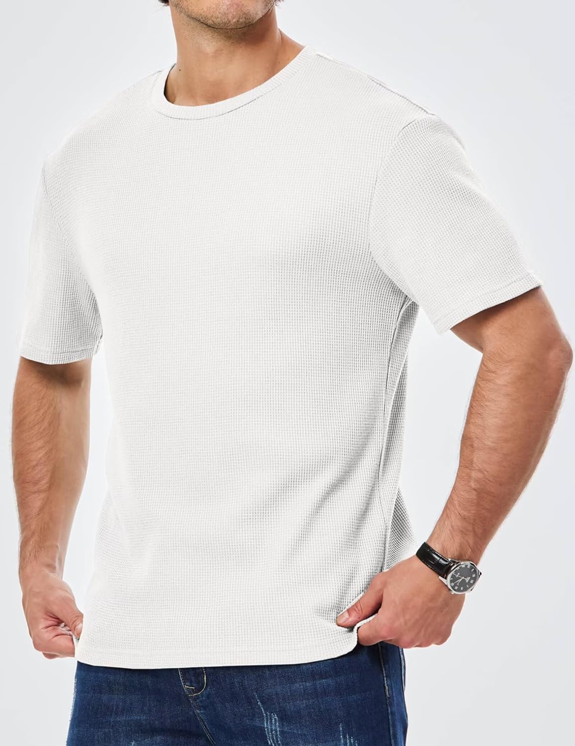 Men's Casual T-Shirts Lightweight Crewneck Solid Color Short Sleeve Waffle Pullover Tees - Image 8