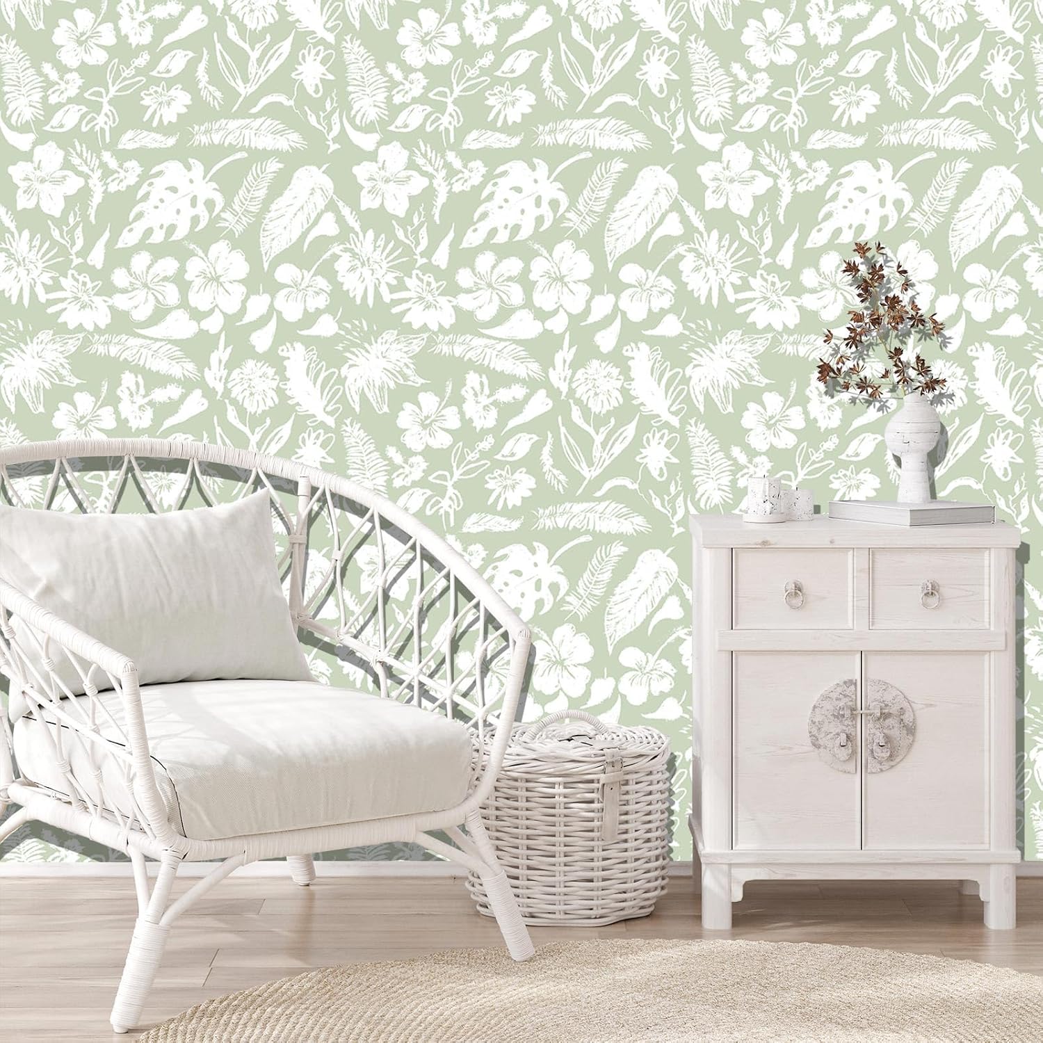 Green Botanical Floral Peel and Stick Wallpaper Self Adhesive Removable Thick Renter Friendly Wallpaper for Bedroom Accent Wall 17.7" x 393.3"