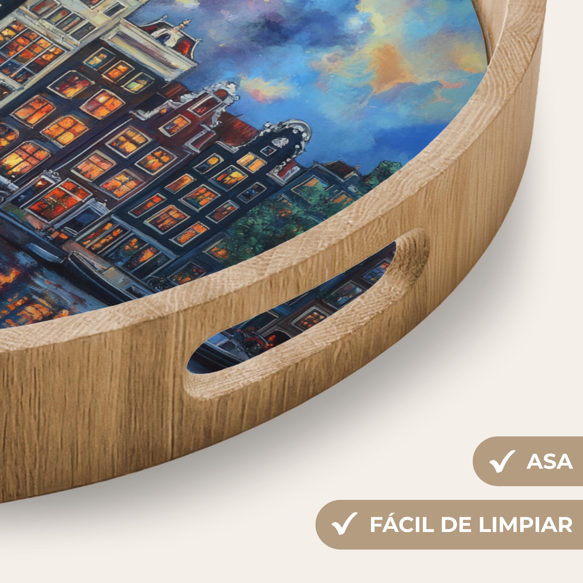Bandejas De Madera Redonda 40x40 cm Bandeja para Servir Roble Decorativa Resistente A Los Arañazos Tabuleiro Diseño Desayuno Canals Amsterdam - Casas - Ciudad - Colorido