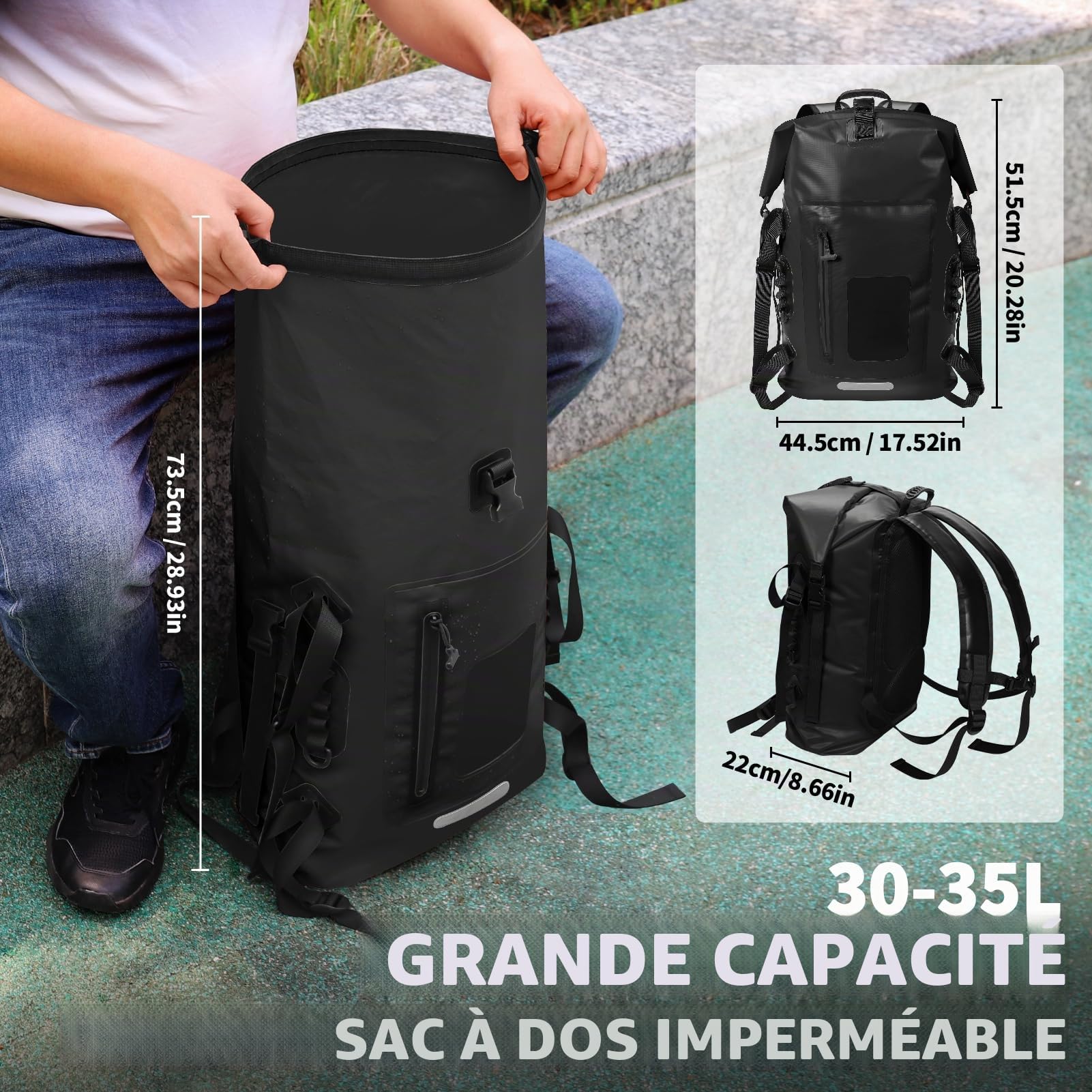 Sac à dos étanche 30-35 l, avec bandoulière rembourrée, fermeture éclair étanche, sac étanche pour sports nautiques, cyclisme, randonnée en plein air