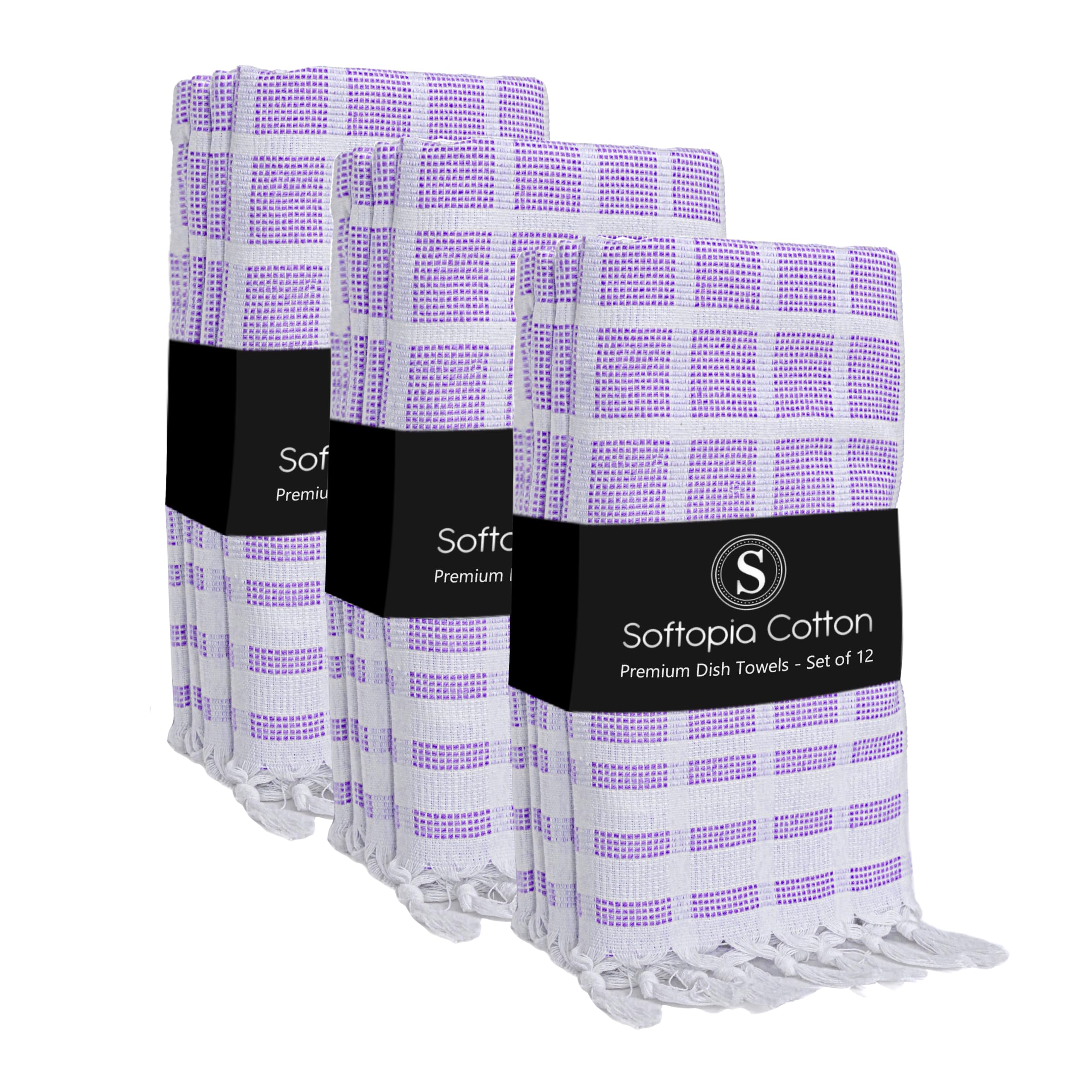 Matrix Dobby Kitchen Towels 12 Pack, 16x26 Inches, 100% Cotton, Absorbent Reusable Dish Cloths with Handmade Tassels, Washable Hand Towels for Drying - Lavender, White