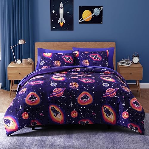 Twin Kids Comforter Set - 5 Pieces Twin Bedding Sets for Boys Teen, Outer Space Rocket Bed in A Bag with Sheets
