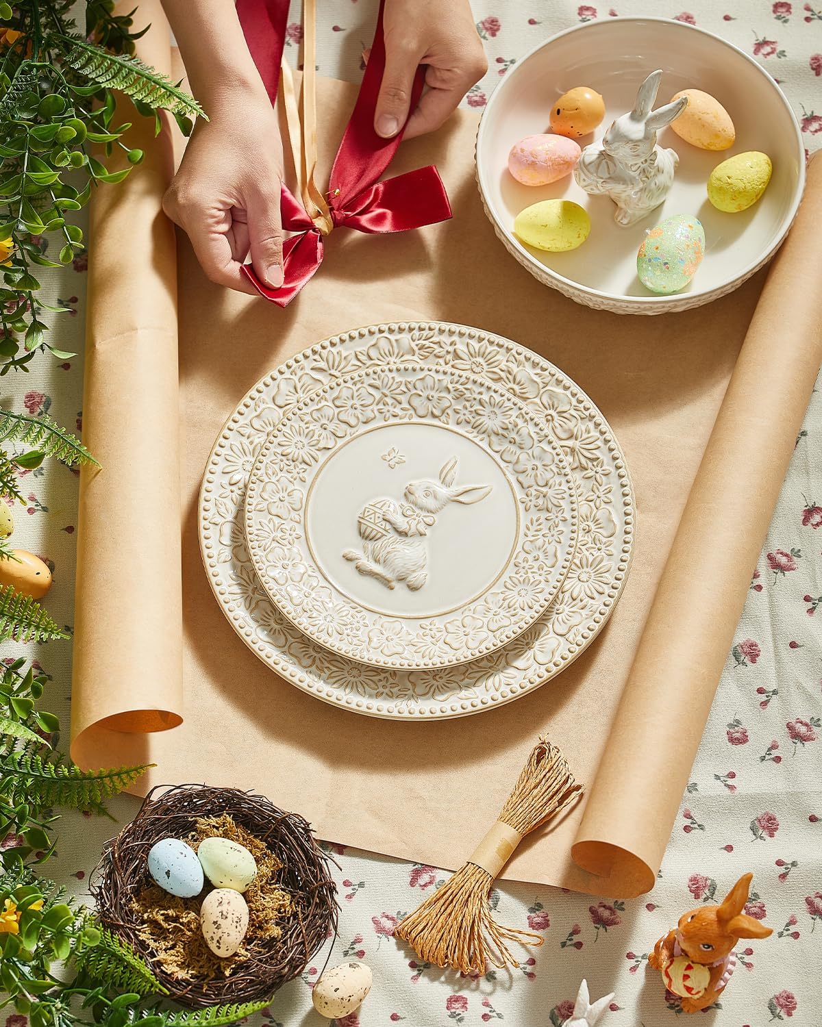 Easter Salad Plates, 8 Inch Ceramic Bunny Plate Set, Floral Dessert Dishes, Small Dinner Plates, Dishwasher & Microwave Safe, Set of 6, Cream White