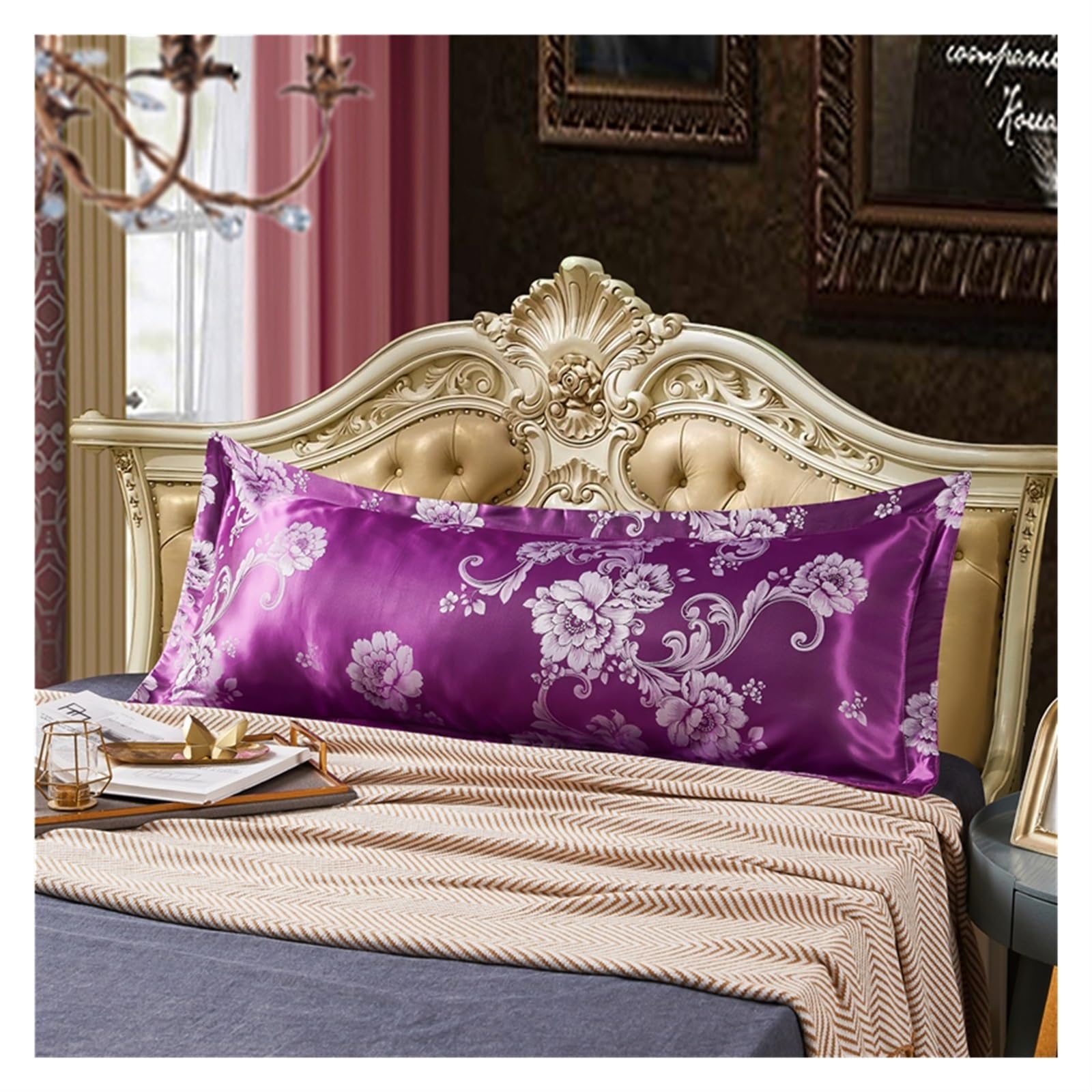 Lujosa funda de almohada de seda de 48 x 150 cm, satén europeo retro, funda de almohada larga para parejas, suave y duradera, perfecta para decoración del hogar y regalo.
