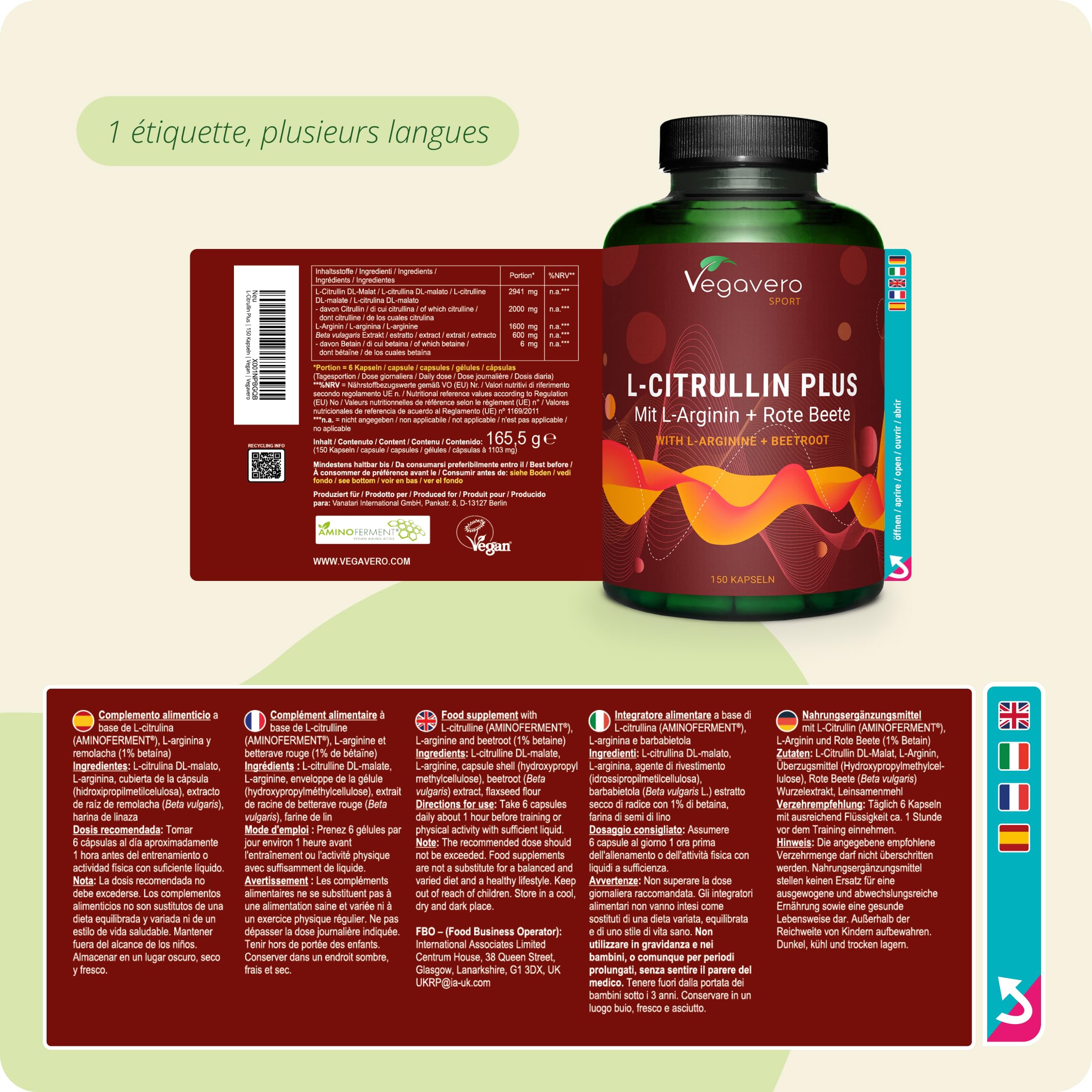 L-Citrulline Malate 2941 mg | Avec L-Arginine + Betaine | 100% NATUREL & Sans Additifs | PREMIUM: AMINOFERMENT® | Pre Workout + Musculation | 150 Gélules Vegan | Vegavero®