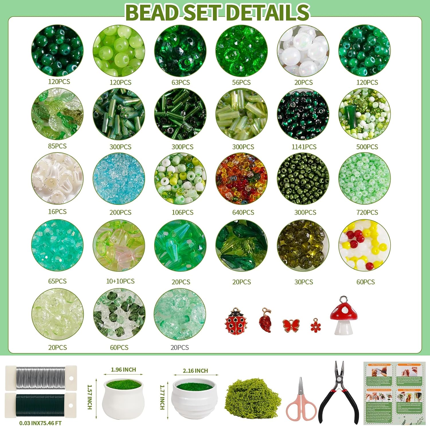 5422 PCS Beaded Plant Kit - Forever Plant Making Set with Green Glass Beads, Floral Wire, Leaf Charms, 2 Mini Pots & Storage Box - DIY Craft Kit for Adults, Gift for Plant Lovers