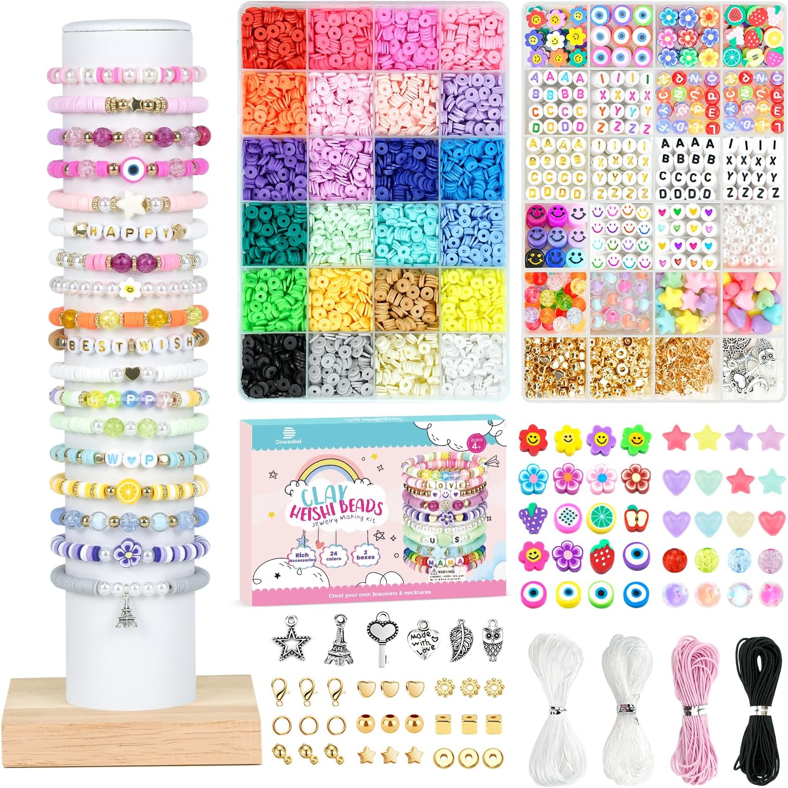 Dowsabel Clay Beads 7500 Pcs Friendship Bracelet Making Kit,2 Boxes 24 Colors Polymer Heishi Beads with Letter Beads for Jewelry Making, DIY Arts and Crafts Gifts Toys for Girls Age 4+