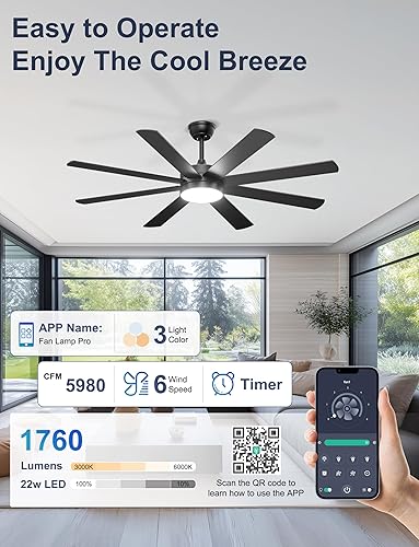 Miniatura 4 de Ventiladores de techo de 60 pulgadas con luces – Moderno ventilador de techo negro con control remoto/aplicación, regulable, silencioso ventilador