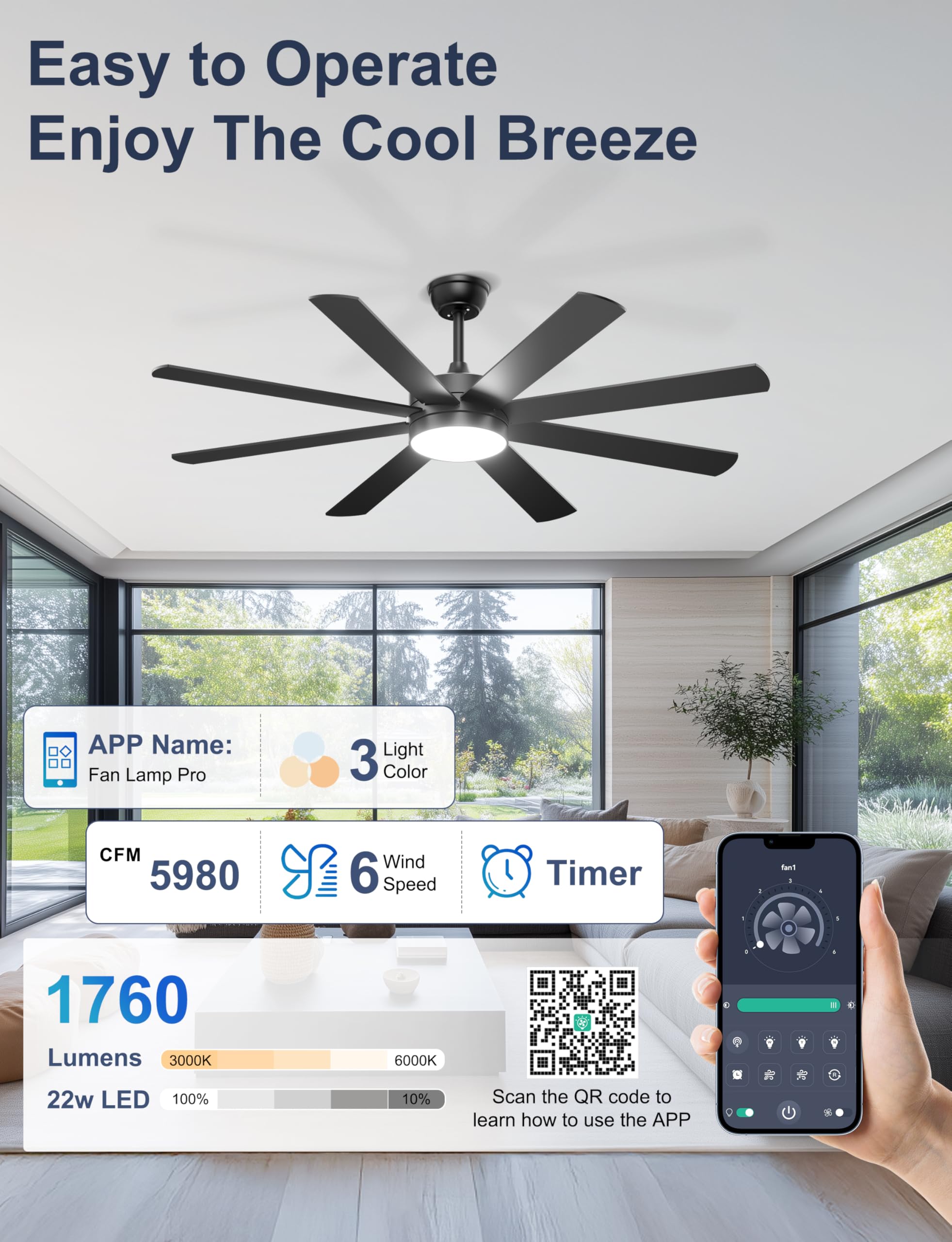 Ohniyou Ventilatore da Soffitto da 152 cm con Luce, Silenzioso, Ventilatori da Soffitto Moderni con Telecomando/app, Luce Regolabile, Motore DC Reversibile per Soggiorno Terrazza Interni Esterni, Nero