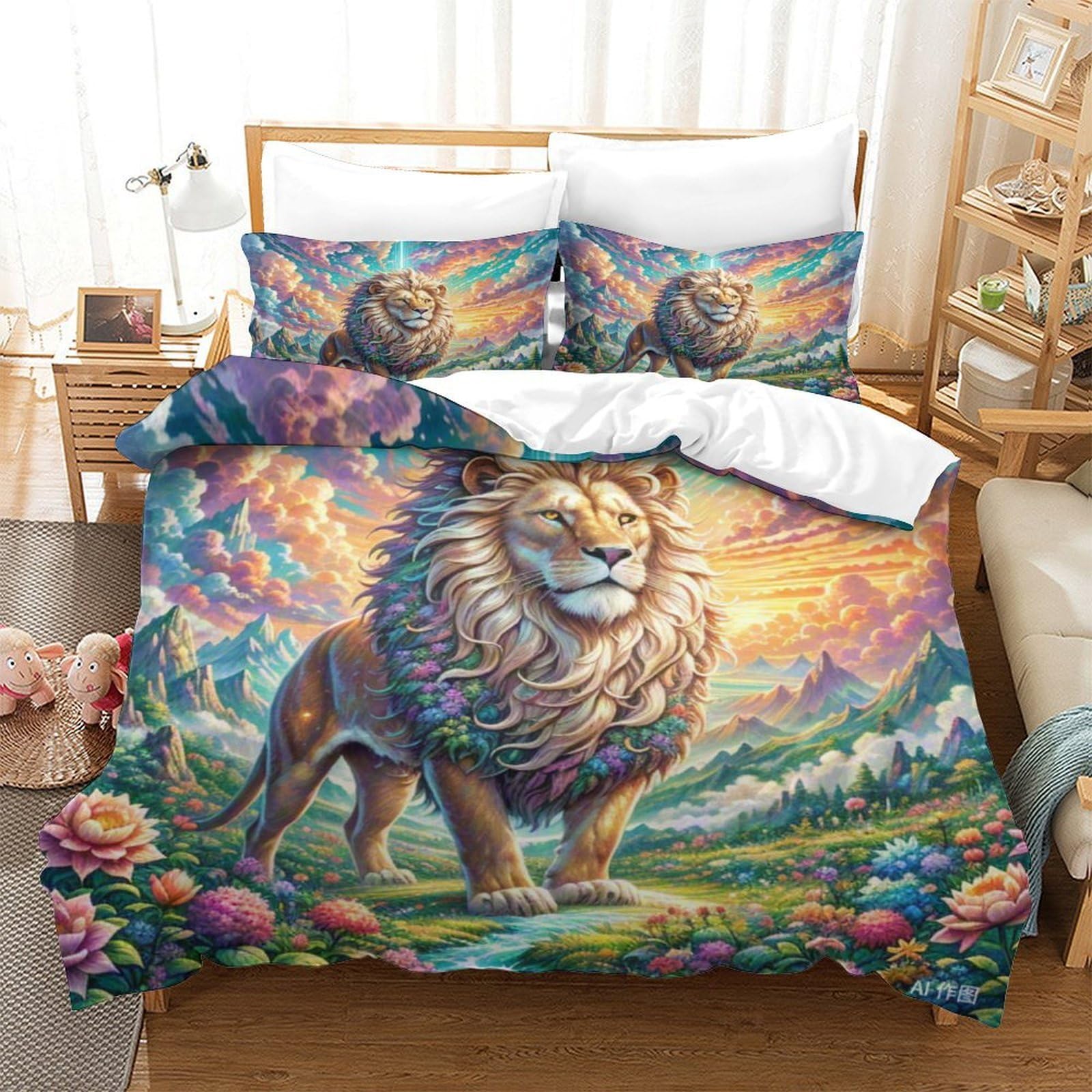 Housse de couette lion 3D en microfibre douce avec fermeture éclair cachée solide 260x220