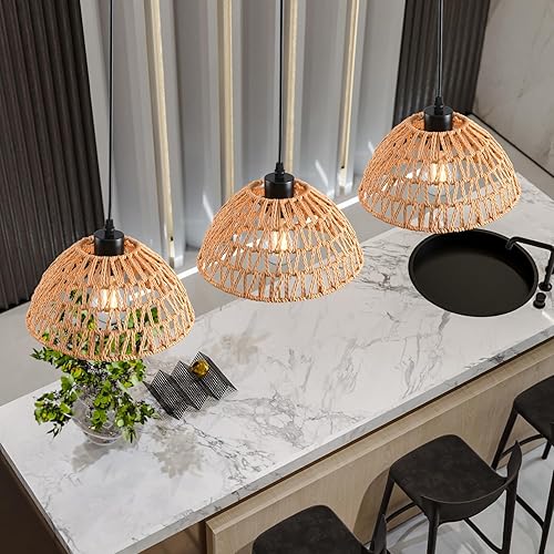 Miniatura 4 de 3 Pack Woven Pendant Light Fixtures,10.2" Brown Rattan Pendant Lights Farmhouse Basket Light Fixture Adjustable Boho Hanging Lamp for Kitchen Island