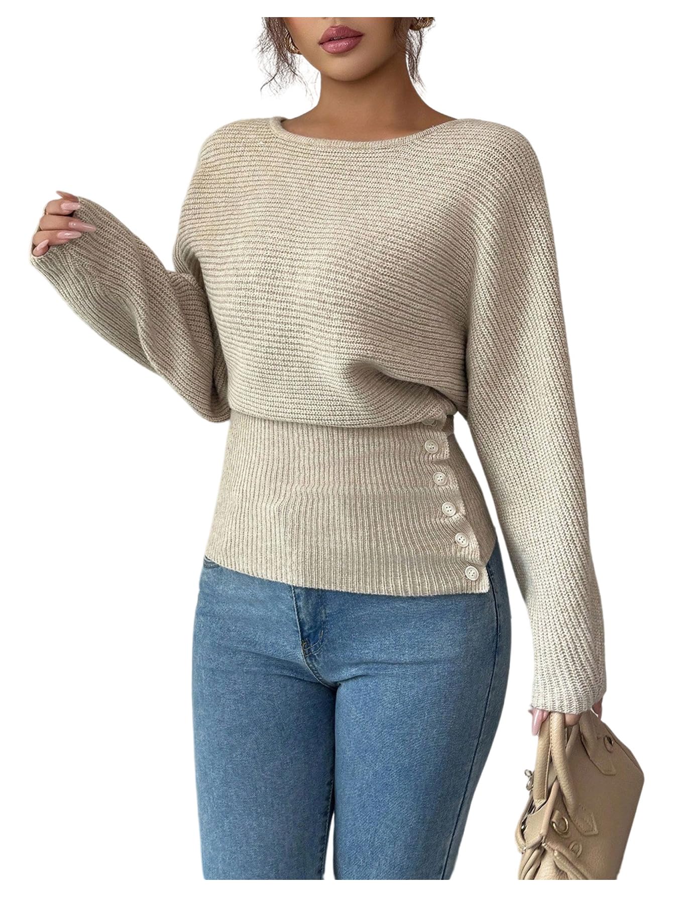 SHENHE Womens Crew Neck Bat Wing Sweater Jumper Cinched Waist Fall Fashion Knitted Sweater