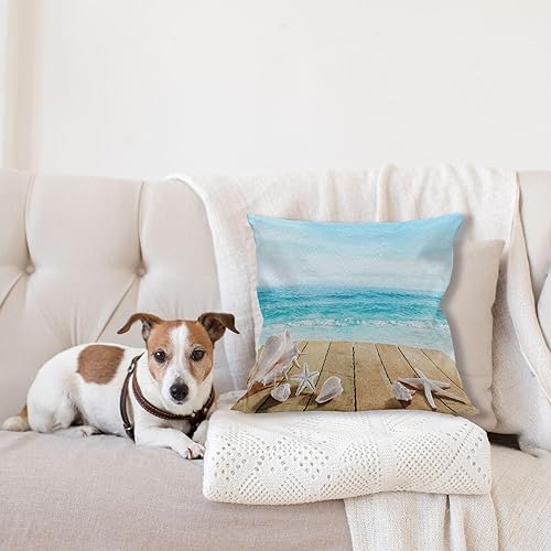 Miniatura 4 de Ambesonne Seashells - Funda de cojín de madera, paseo marítimo y conchas, sol, vacaciones de verano, temática de playa, vista panorámica, funda de