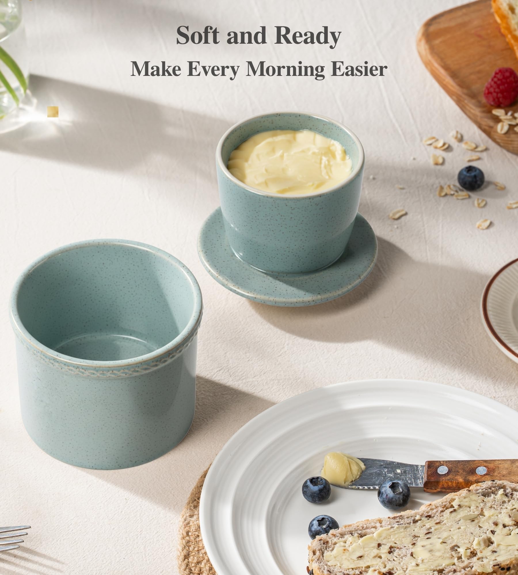 Französische Butterdose mit Deckel, Keramik Butterglocke mit Wasserlinie, Butter Keeper ohne Kühlung für streichfähige Butter, 250g, Sternenblau
