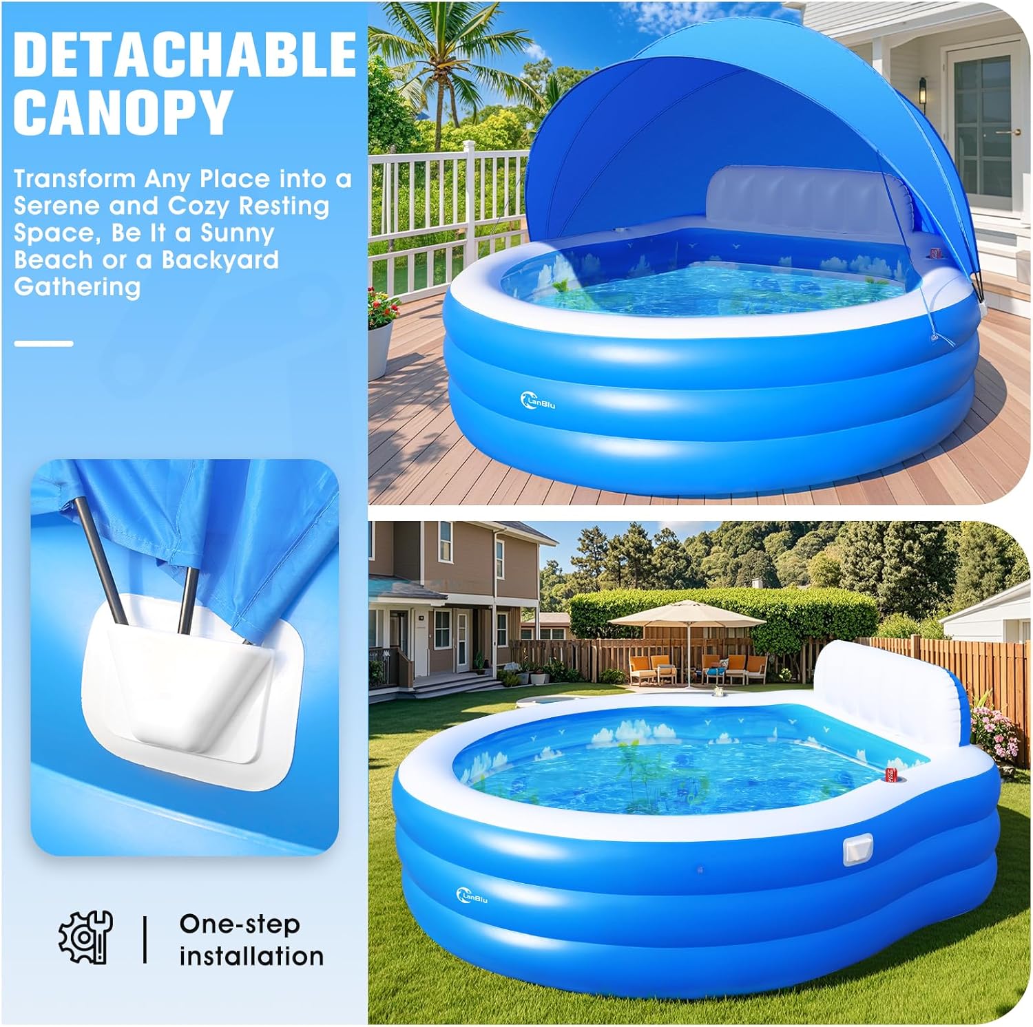 2026 Upgraded Inflatable Pool with Canopy, Inflatable Family Lounge Pool, Round Blow Up Pool for Adult with Bench & Backrest, Swim Center Easy Backyard Pools for Adults, 90"x90"x80", Light Blue