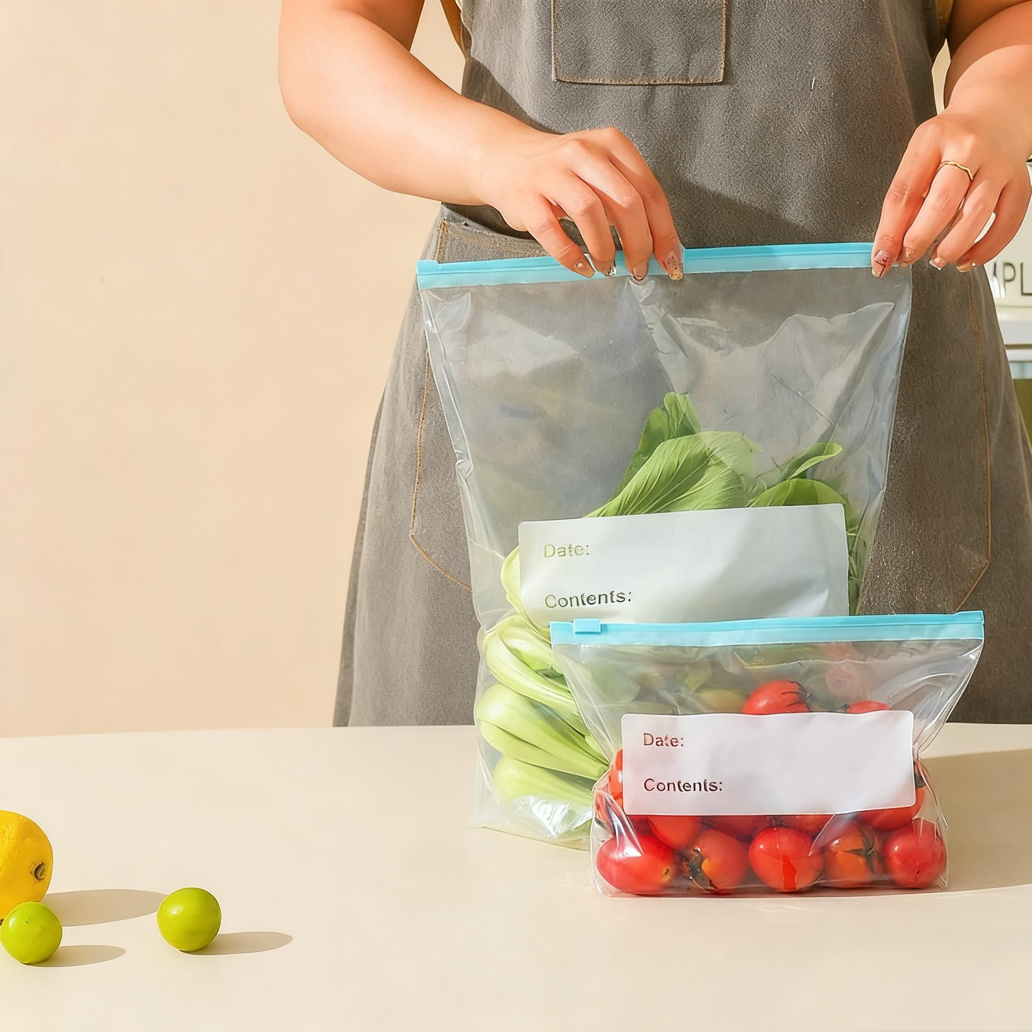 Hongmeru 50 Pcs Zip Lock Food Storage Freezer Bags, Reusable BPA-Free Clear Slider Sandwich Bags with Expandable Bottom (5.8L & 2L), Large Slider Ziplock Bags for Fruits, Vegetables, Meat, Snacks