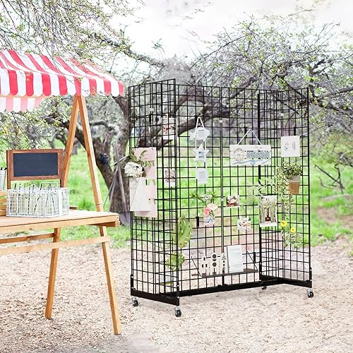 Miniatura 6 de Bonnlo Torre de pared de rejilla de góndola de 5 x 2 pies, rejilla de alambre de pie con base rodante, accesorio de panel de rejilla para exhibición