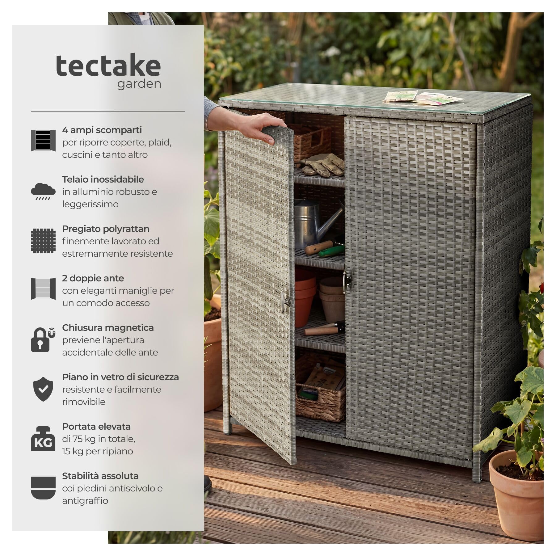 Tectake Armadio da Giardino in Rattan 84x40x103 cm 4 Scomparti Grigio