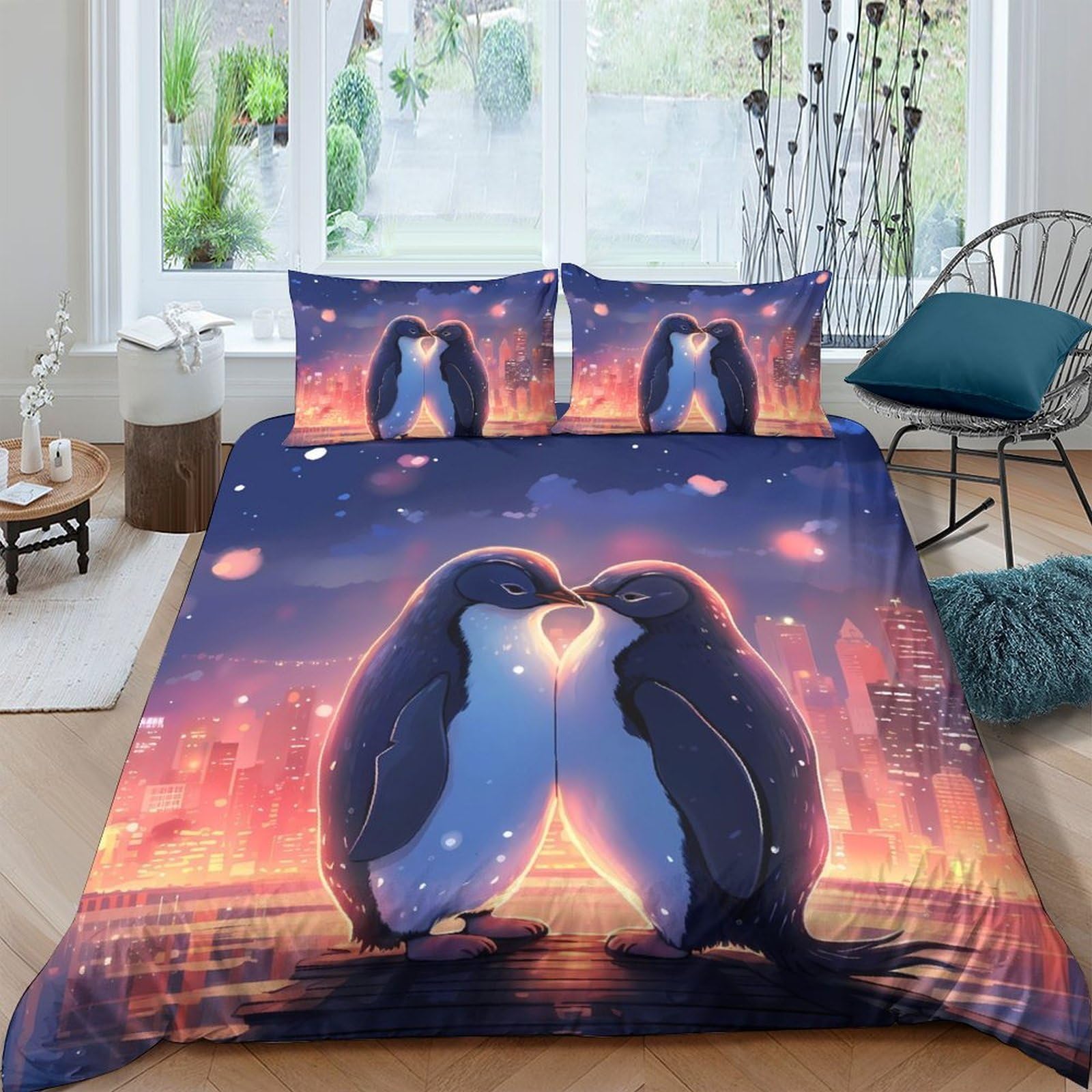 Ctjqhvkz Style-5 3D Printed Penguin Couple Fitted Sheet Microfiber Soft Gradient Sunset Bed Sheet For Bedroom Dorm Room Mattress Protection Decor Single（135X200cm）
