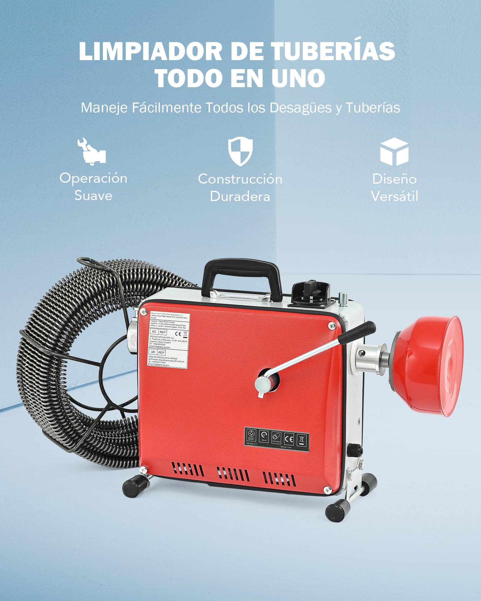 ZELCAN 400W Desatascador Eléctrico de Tuberías 400r/min Máquina de Limpieza de Desagües Electrico con Espirales Máquina de Limpieza para Tubos 20mm a 100mm