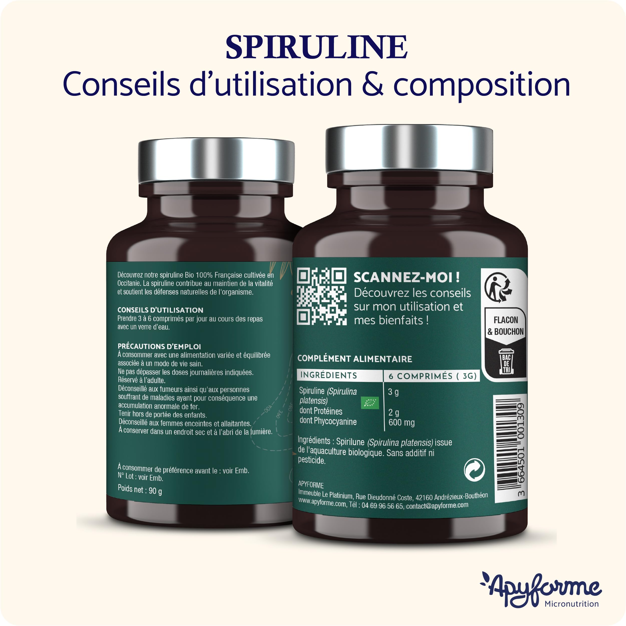 Apyforme - Spiruline BIO Française - Haute Concentration Jusqu'à 25% de Phycocyanine - Culture Paysanne Écoresponsable - 180 Comprimés Super Protéinés - Origine France