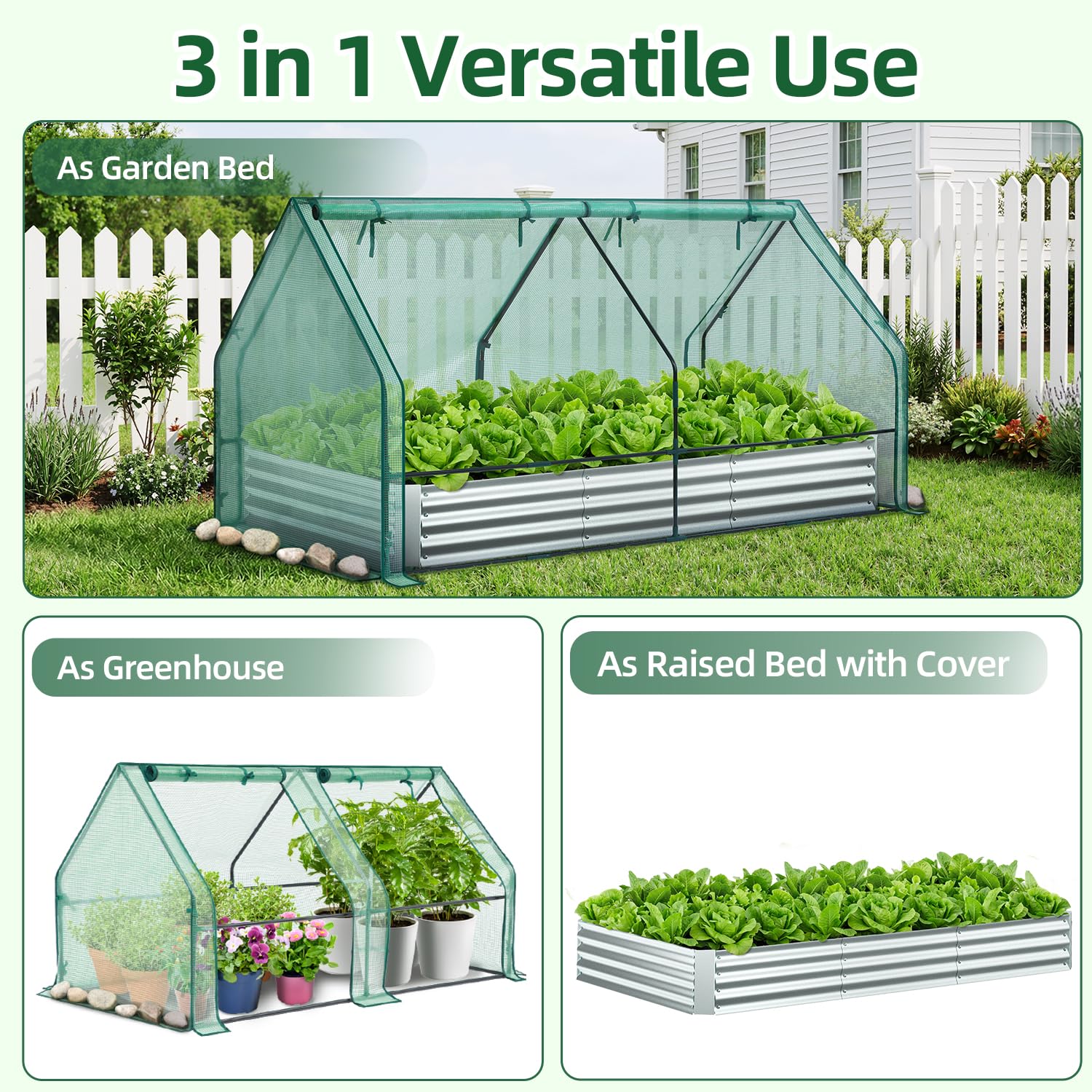 Aiuola Rialzata Metallica 3-in-1 con Serra 240x120x30 cm, Contenitore per Piante in Acciaio Zincato, Kit Serra con 4 Porte, Kit Aiuola per Giardino, Balcone, Coltivazione di Verdure ed Erbe Aromatiche