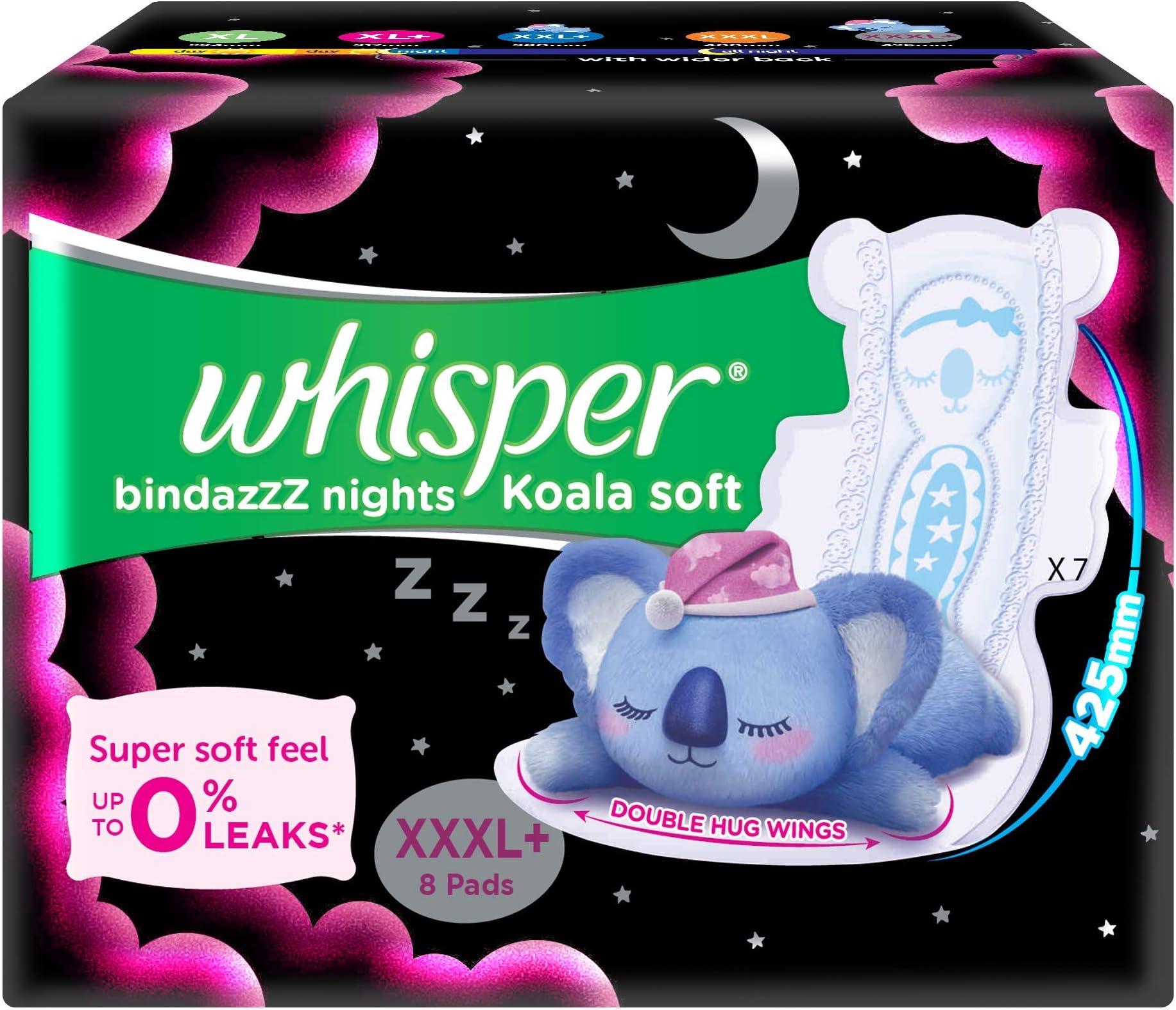 Whisper MESHWA ENTERPRISE Bindazzz Nights Koala Soft Sanitary Pads, XXX-Large+ Pack of 8 Napkins