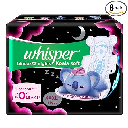 Whisper Bindazzz Night Koala Soft Sanitary Pads|Pack of 8 Pads|XXXL+|upto 0% Leaks|85% Longer & wider back|Super Soft topsheet|Double hug wings|Irritation free|42.5 cm Long|With disposable wrap