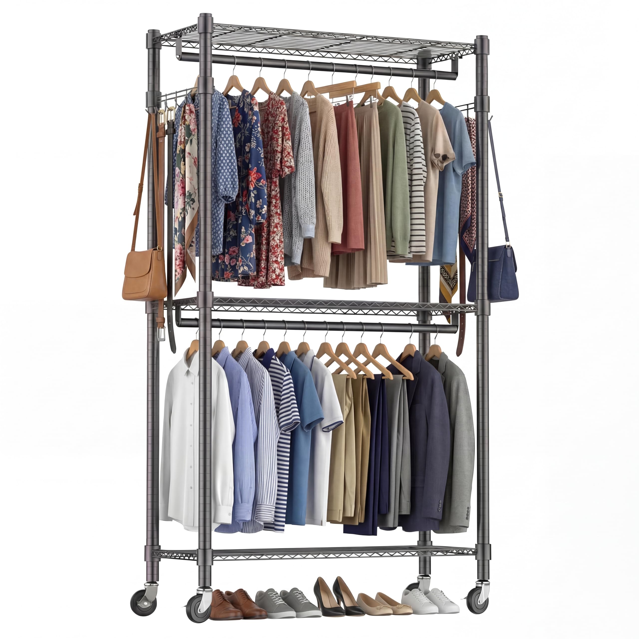 Himimi 3 tier Double Rod Garment Rack/Clothes Rail with Height-Adjustable Shelves,Clothes Rack with 2 Hooks, Clothes Rails with Wheels, 60 * 42 * 205cm, Black
