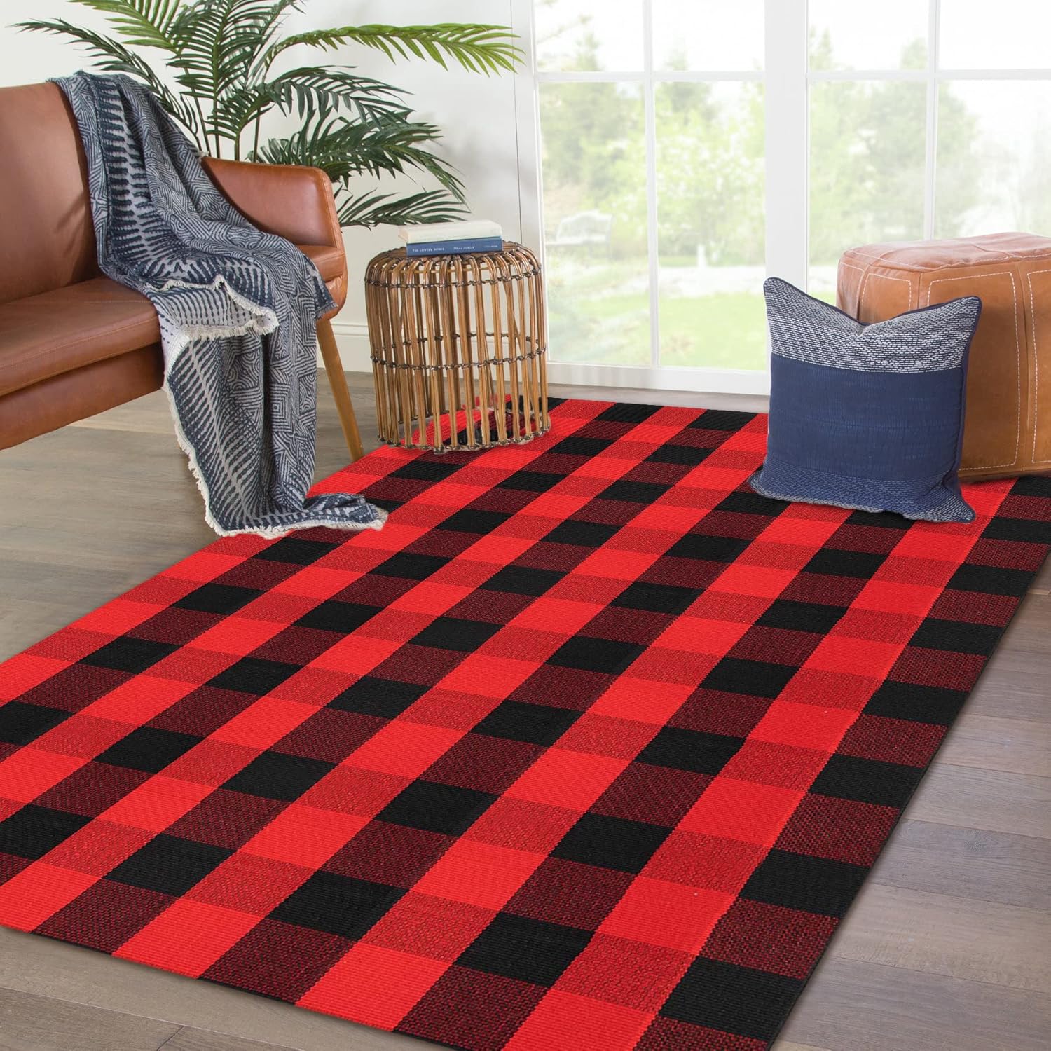 KOZYFLY Buffalo Plaid Rug 4x6 Ft Red and Black Outdoor Rugs