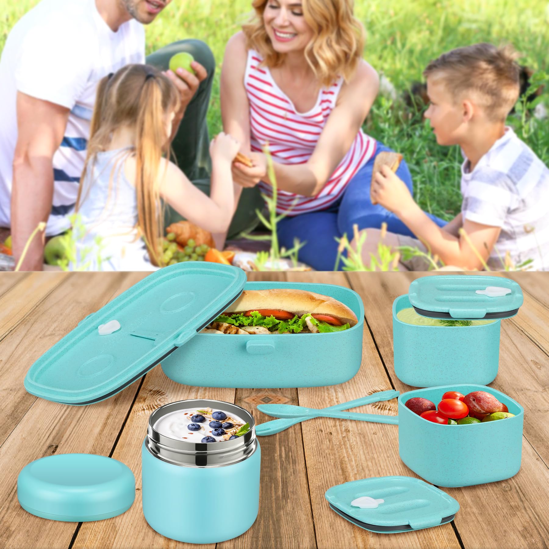 Pawtong Bento Lunch Box with 8oz Soup Thermo, Kids Sustainable Bento Box Leakproof Lunch Food Containers with Lunch Bag, Kids Thermo Insulated Hot Food Jar for School, Trvael (): Blue