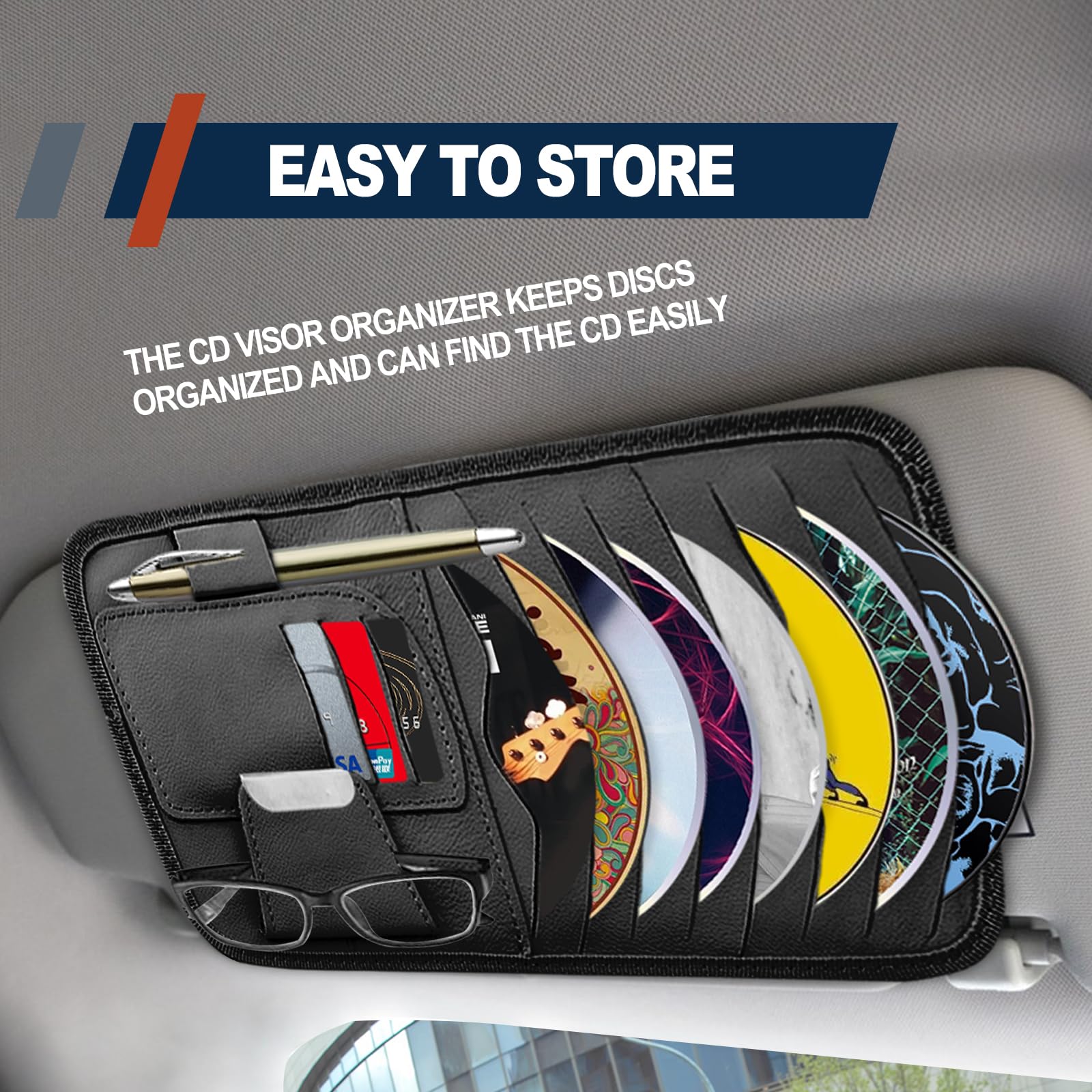 RBOKO Car Sun Visor Organizer, Car CD Case Holder, Universal Car Eyeglasses Holder Clip with Storage Pockets, for Storing Sunglasses Card Pen Invoice, Black