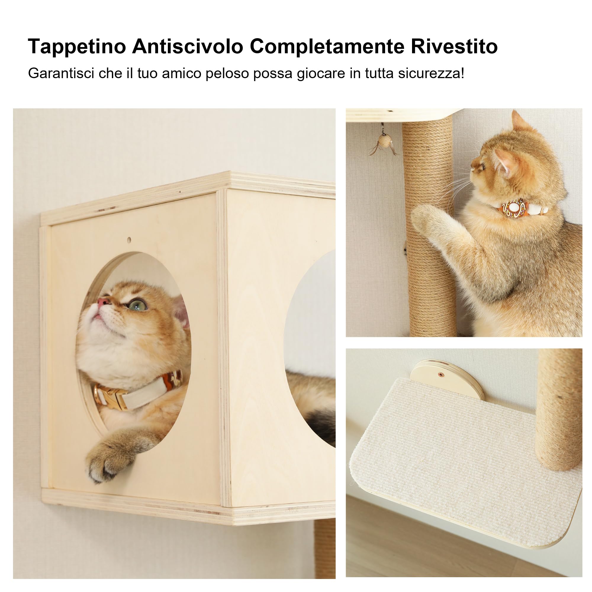 FUKUMARU Mensole da Parete per Gatti, Set Arrampicata per Gatti da Parete di 5 Pezzi, Piattaforme in Legno Stabile, Amaca, Casetta, Scalini e Tiragraffi Integrato - Design Moderno Beige