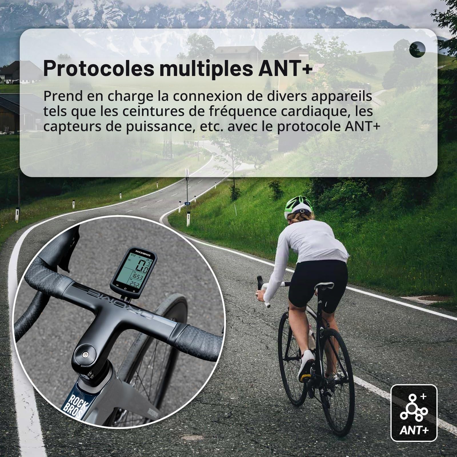 ROCKBROS Compteur Vélo sans Fil, Ordinateur de Vélo GPS Bluetooth 5.0 Ant+, Écran Rétroéclairé 2,9 Pouces IPX6, Compatible Strava