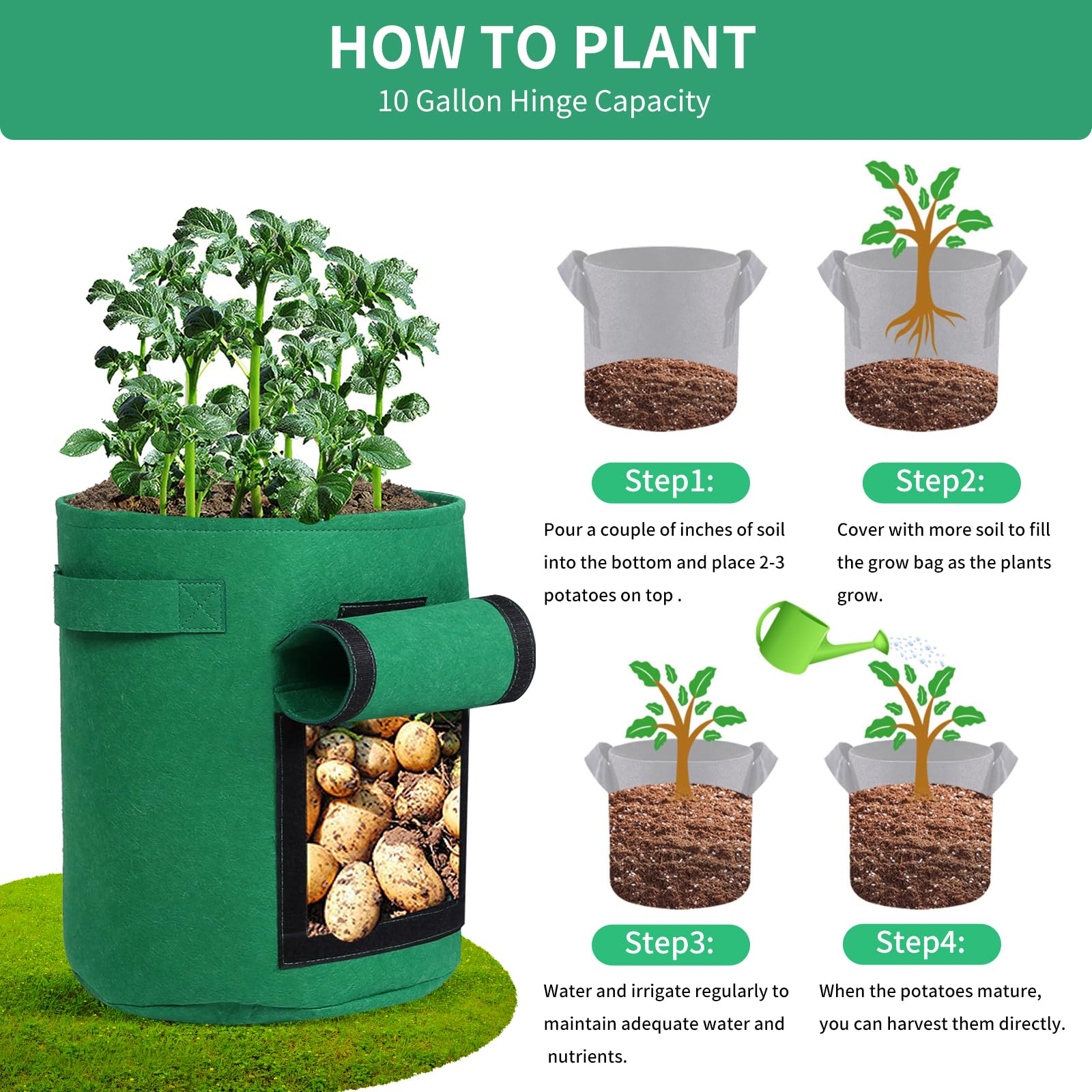 10 Gallonen Pflanzsäcke 5er Pack Grün, Atmungsaktive Vliesstoff Grow Bags Mit Griffen, Wiederverwendbare Pflanztaschen Für Gemüse Blumen Kräuter Und Colorful 10 Gallon