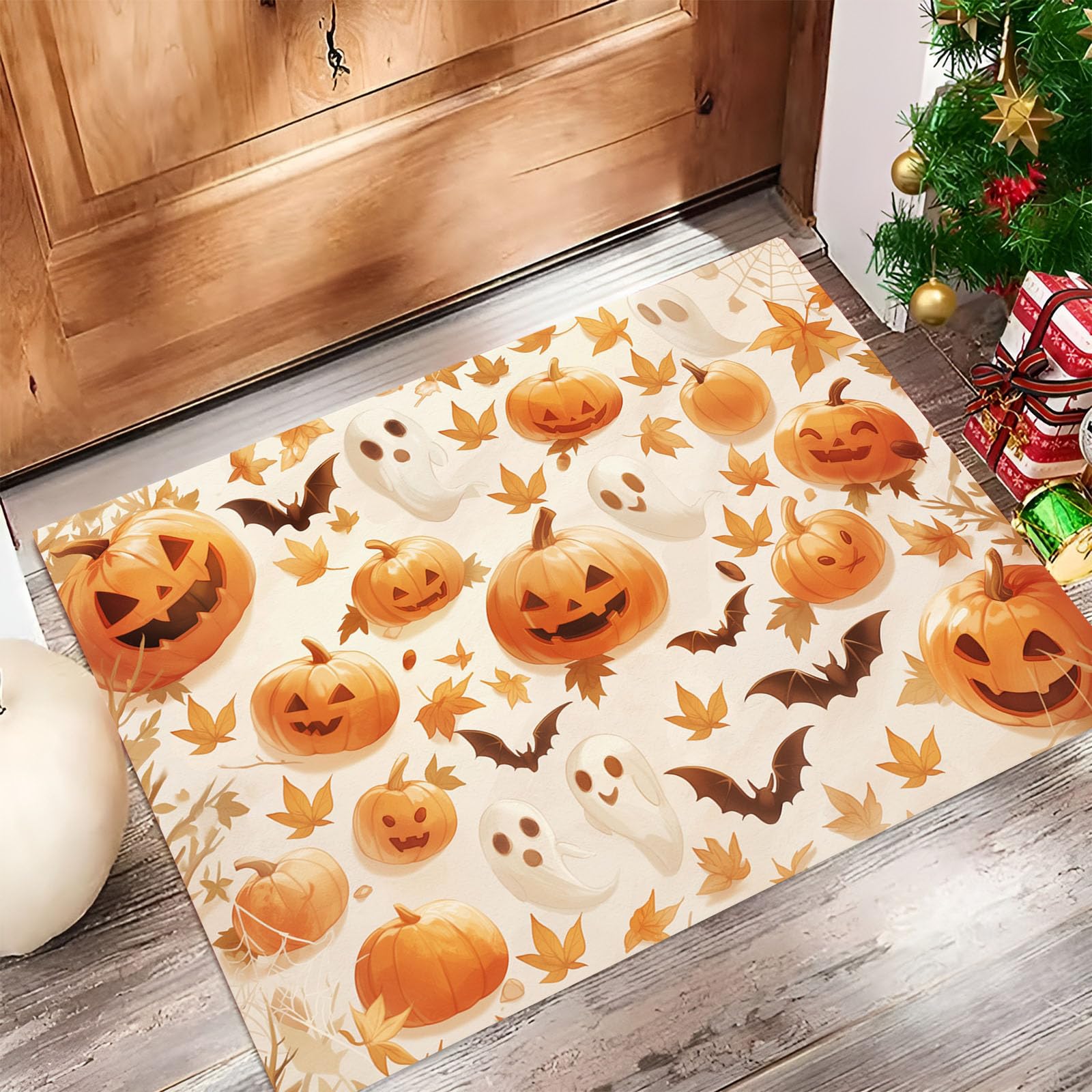 Paillasson citrouille d'Halloween tapis de sol beige antidérapant facile à nettoyer