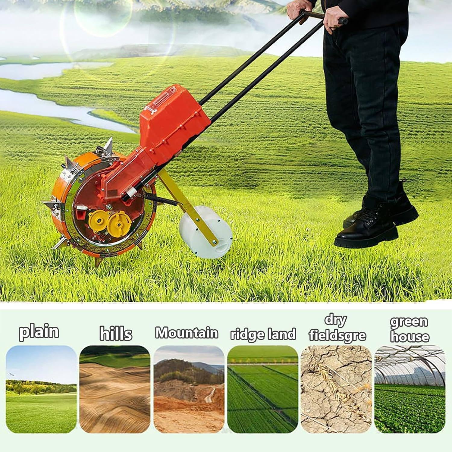Sembradora agrícola Profesional: Carro de Empuje Manual con Ruedas dosificadoras de precisión, neumáticos Todo Terreno, Marco de Acero de Gran Calibre